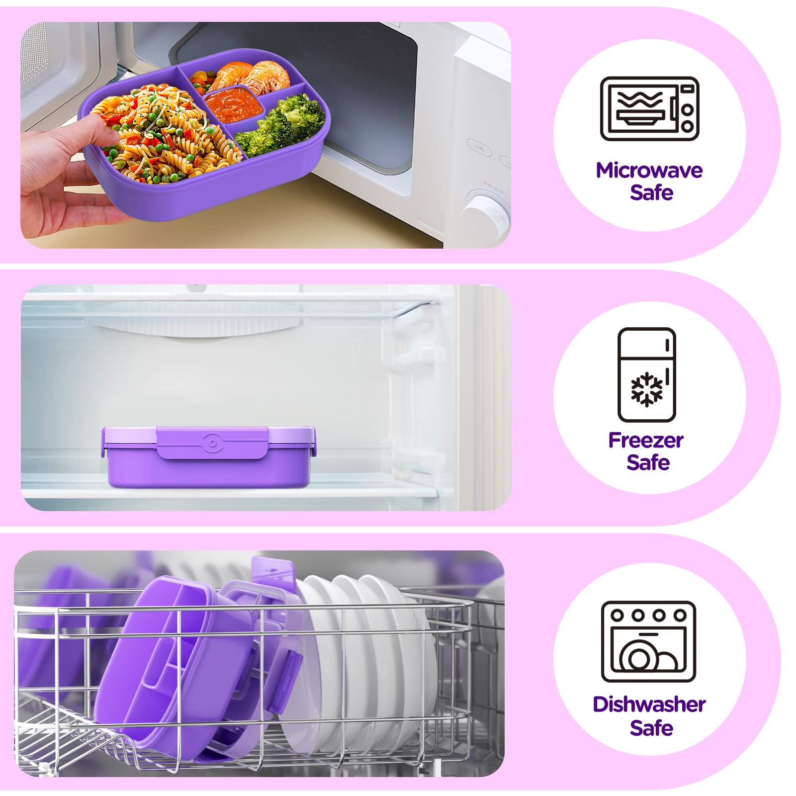 Jelife 1300ml Large Bento Lunch Box for Kids & Adults - Leak Proof, BPA Free Food Container - Perfect for School, Office, Picnics & Travel - Purple