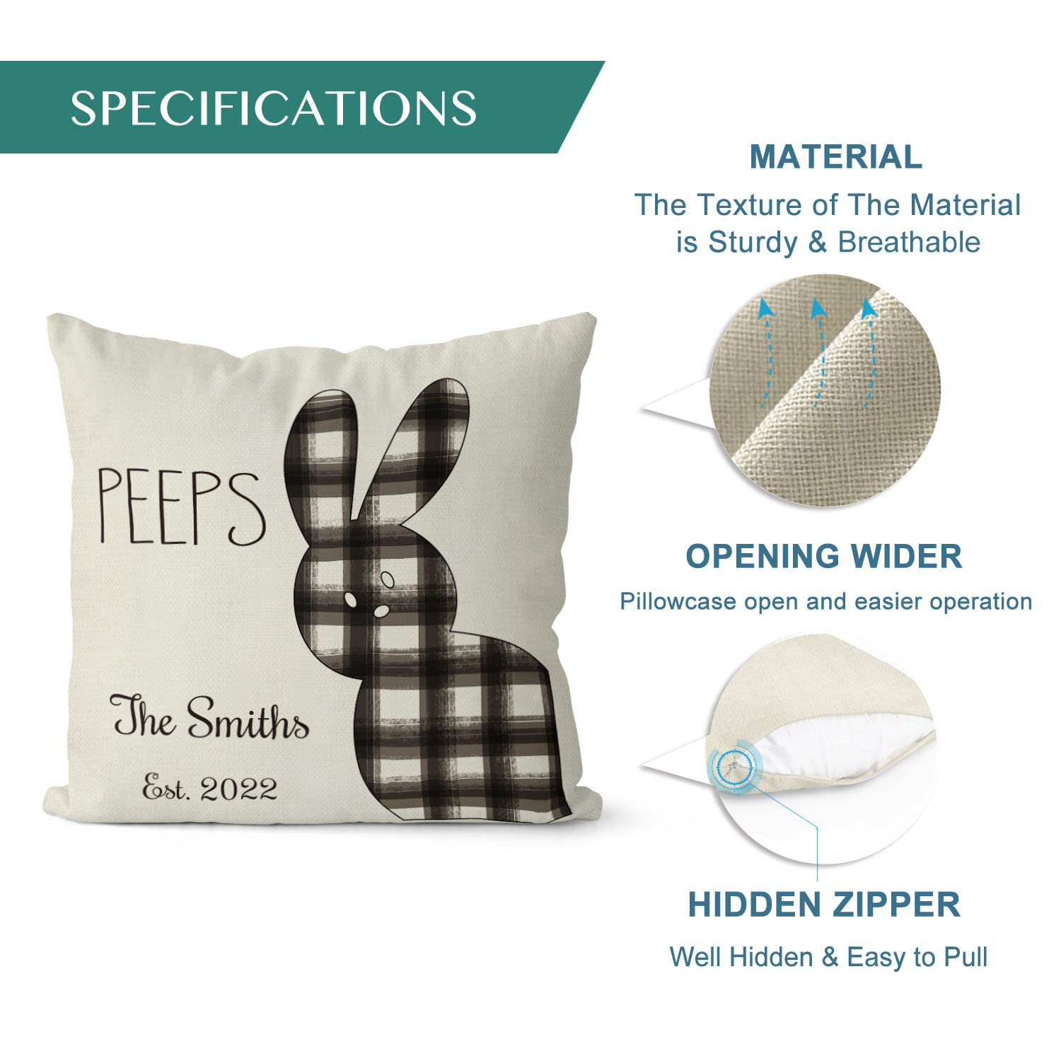 Custom Easter Pillow Covers 18x18 Inch - Personalized Family Name & Buffalo Plaid Bunny Design - Polyester Cushion Case for Sofa, Couch - Perfect for Spring Decor, Easter Gifts & Cozy Home Accents