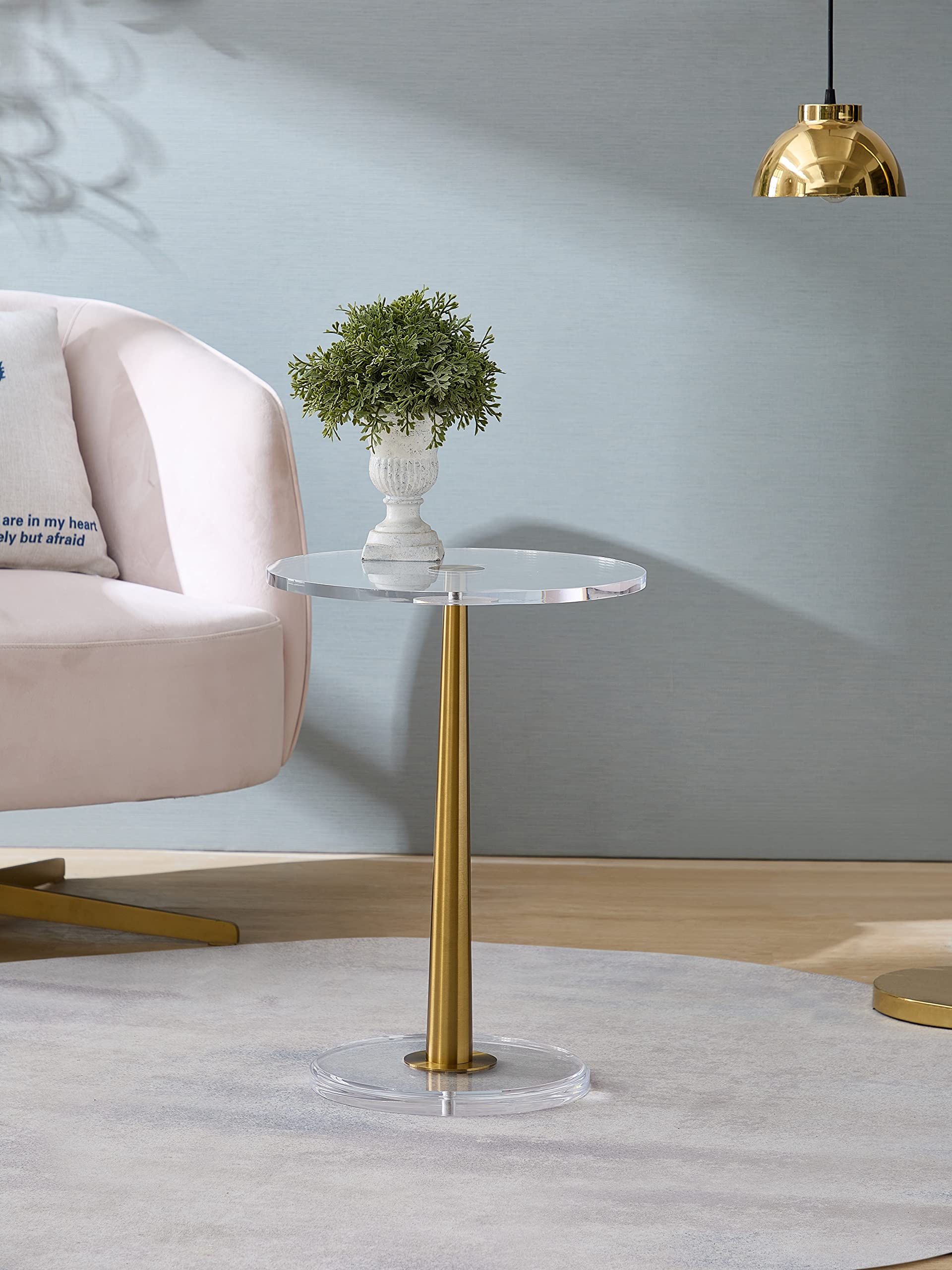 Small Clear Acrylic Table with Brushed Gold Cone Metal Pole - Modern Side Table for Living Room, Bedroom, or Office Decor