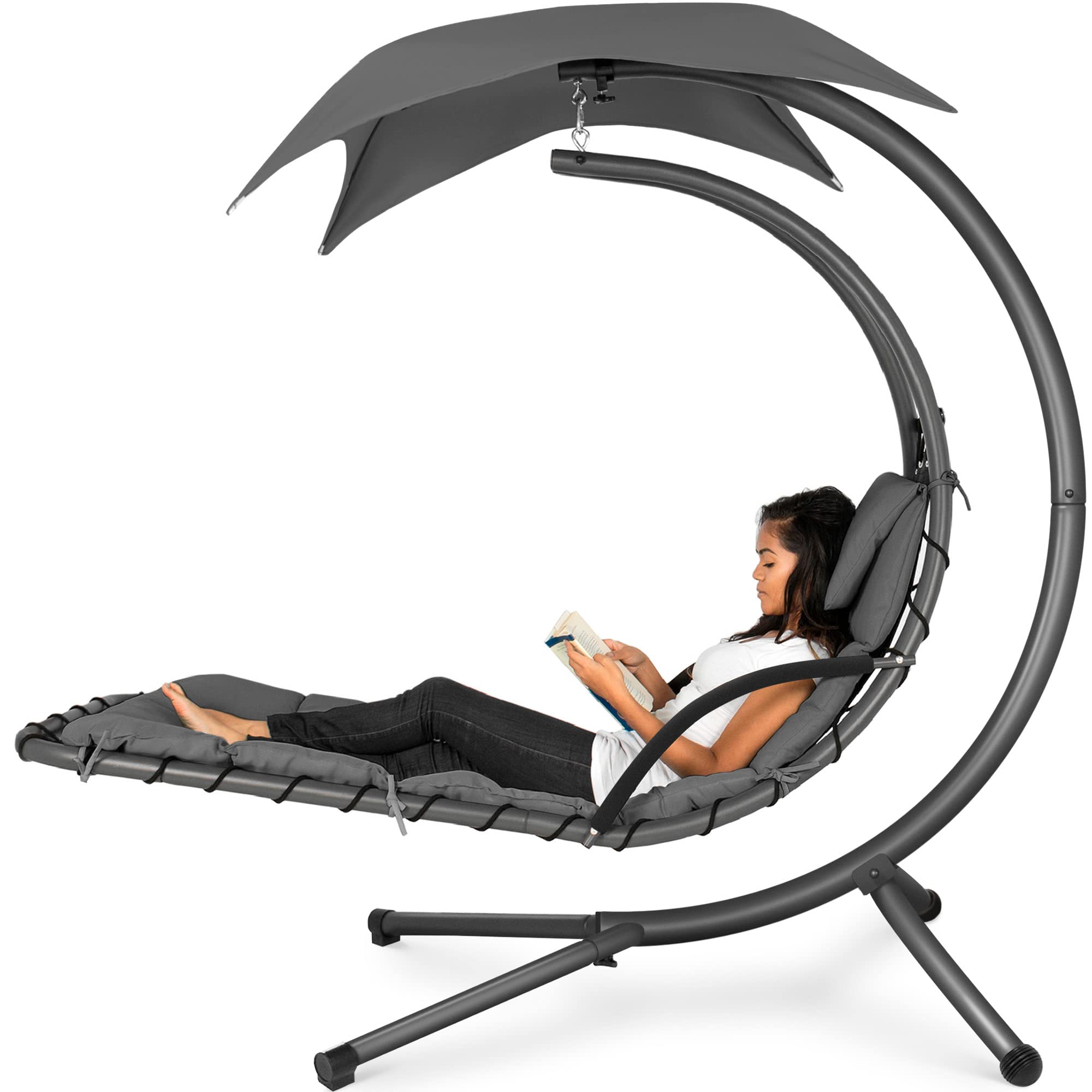 Best Choice Products Outdoor Hanging Chaise Lounge Chair Swing - Steel Frame with Built-in Pillow & Removable Canopy, Charcoal Gray - Perfect for Patio, Garden, Poolside Relaxation