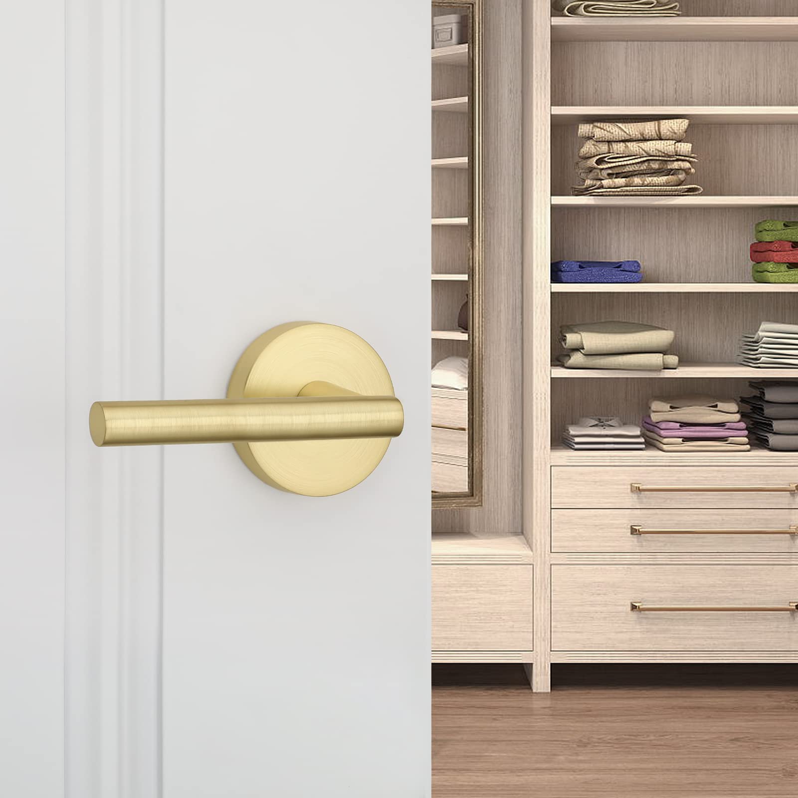 Haidms 5-Pack Gold Passage Door Lever Handles - Heavy Duty Closet & Hall Door Handles with Lock (Left/Right Handed) - Perfect for Bedroom, Bathroom & Interior Doors