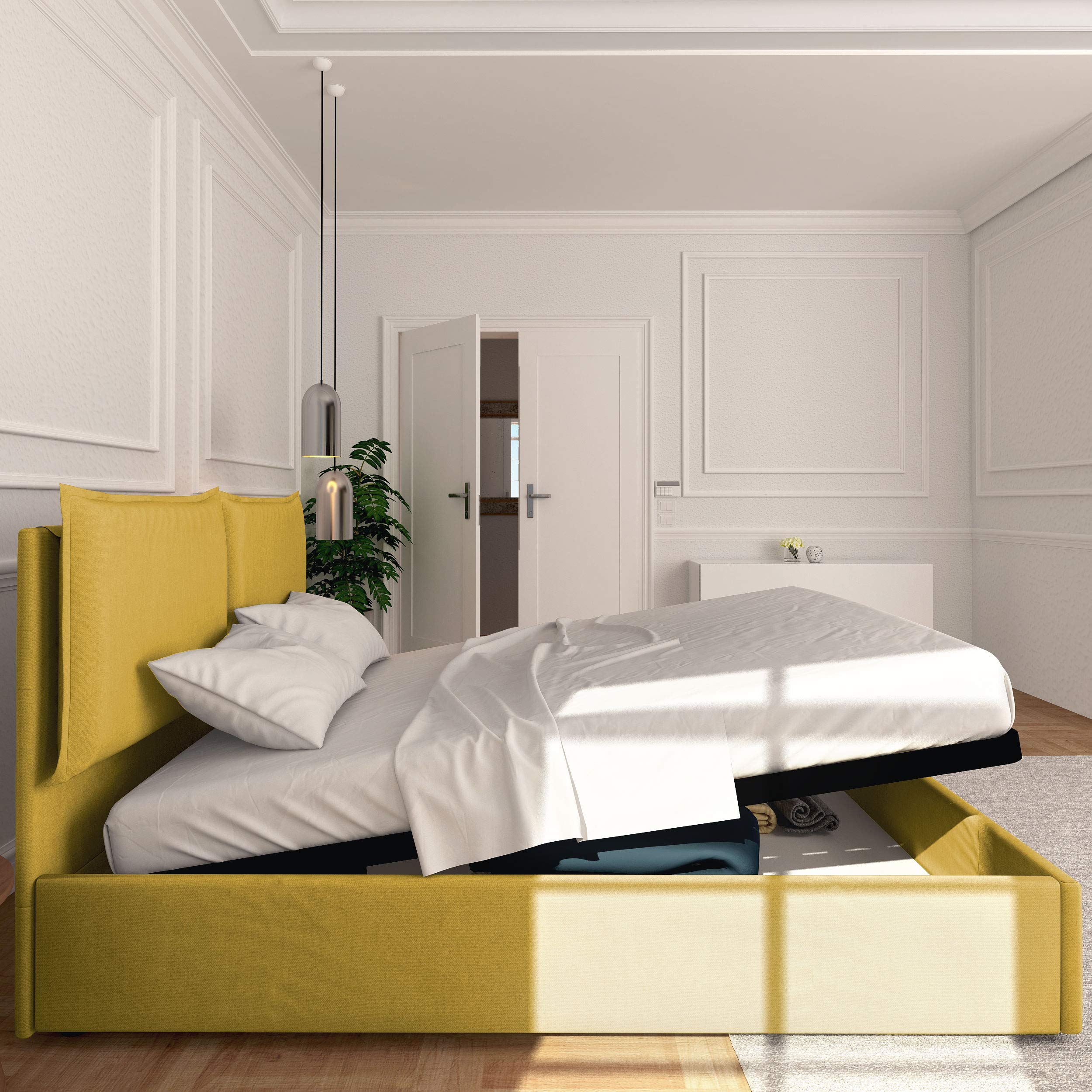 Baldiflex Licia Fabric Queen Size Bed Frame with Slatted Base - 160x190cm Mattress Platform, Padded Headboard - Perfect for Master Bedroom & Guest Room Comfort