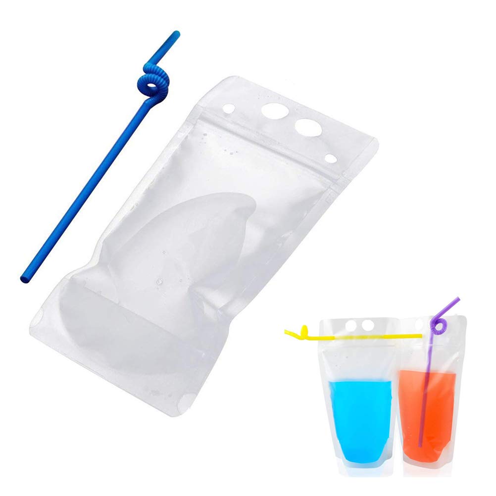50pcs Reusable Drink Pouches with Colorful Straws - Leakproof Freezer Safe Juice & Water Bags, Transparent Reclosable Zipper Pouches for Kids, Outdoor, Picnics, Camping & Travel