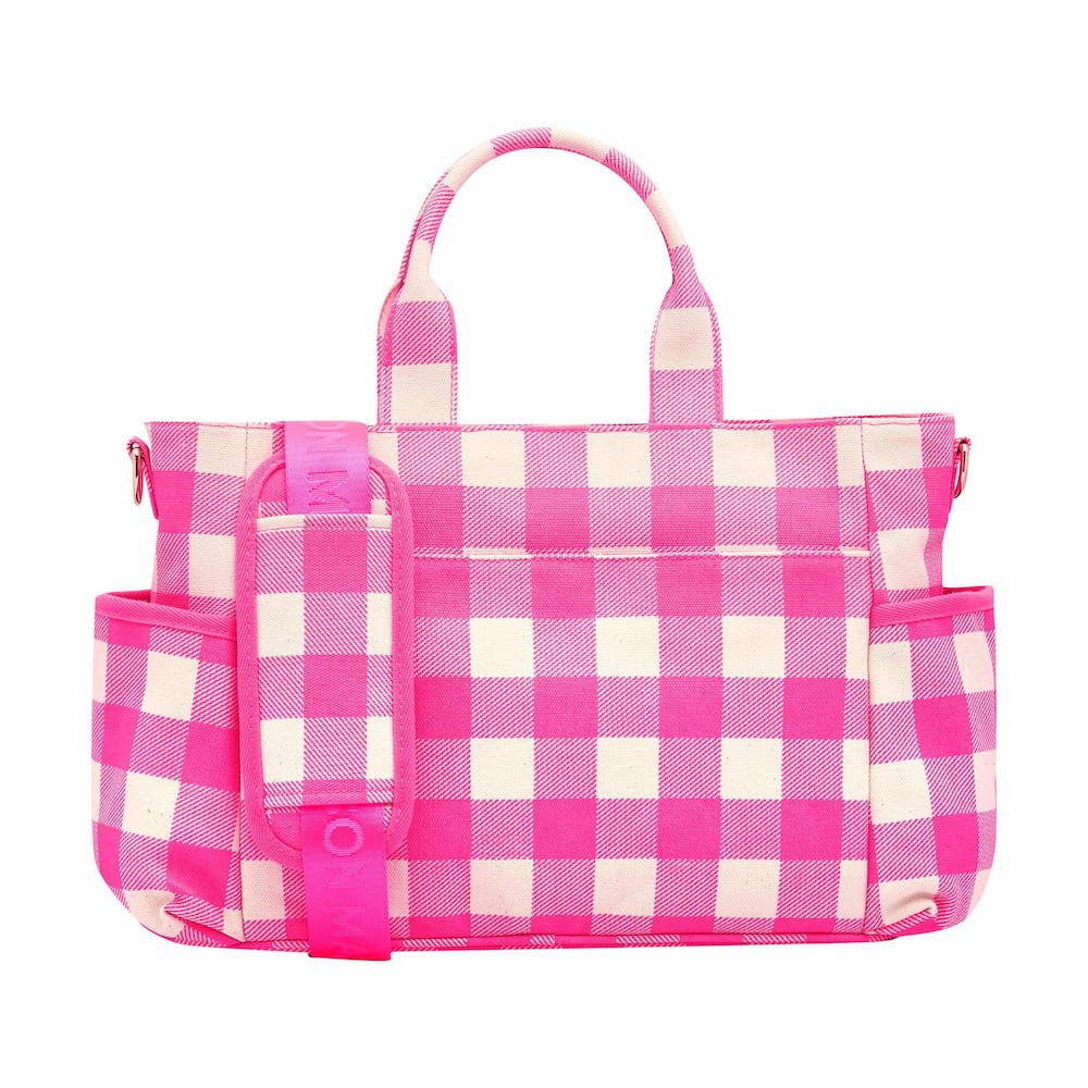 Stylish Everyday Multi-Pocket Tote Bag for Women - Neon Pink Gingham Print, Large Capacity Work & School Bag, Perfect for Office, Shopping & Travel Accessories
