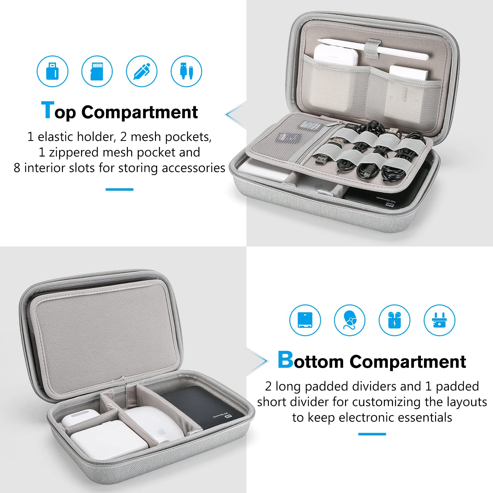 ProCase Hard Travel Electronic Organizer Case for MacBook Accessories - Power Adapter, Chargers, Cables, Power Bank, Magic Mouse, Apple Pencil, USB Flash Drive, SD Cards | Portable Grey Storage Bag (Large) | Perfect for Business Travel, Office & Home Organization