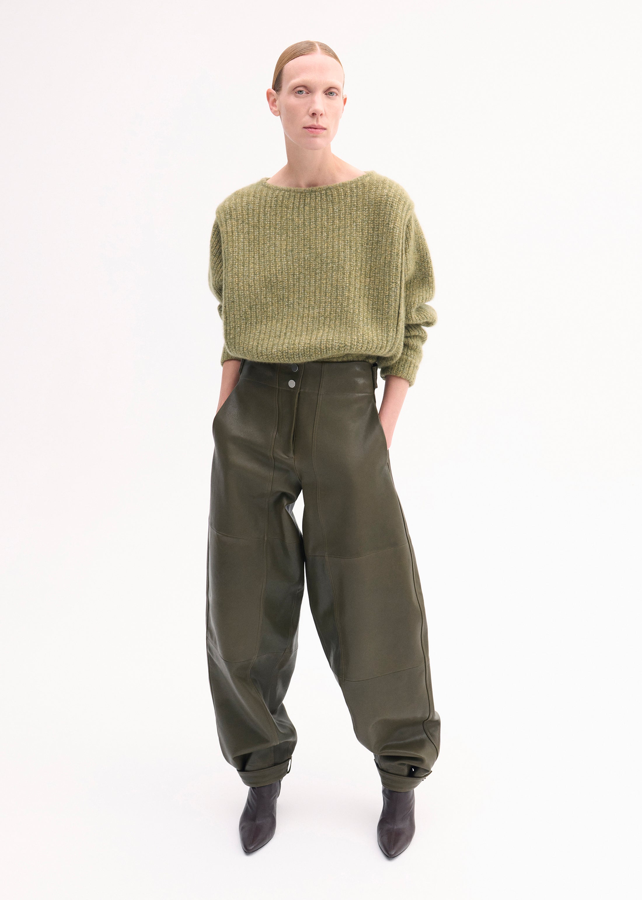 Premium Genuine Leather Curved Trousers in Olive Green - Stylish & Comfortable Pants for Business Casual, Office Wear & Night Out