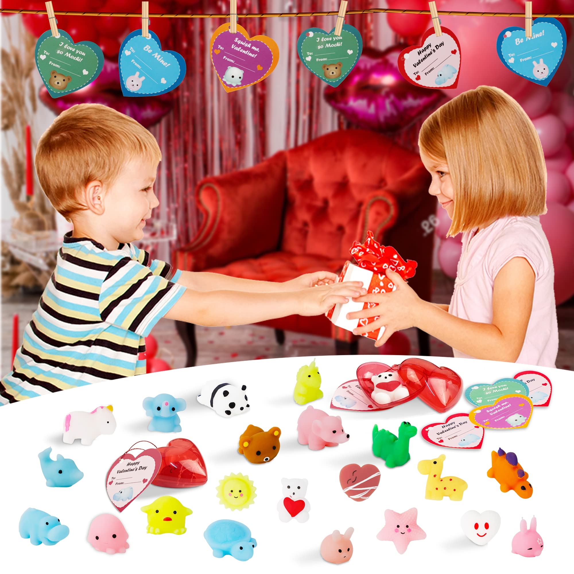 28 Pcs Mochi Squishy Toys with Valentine's Day Cards - Cute Heart-Shaped Stress Relief Gifts for Kids, Perfect for Classroom Exchange, Party Favors & Valentine's Day Celebrations