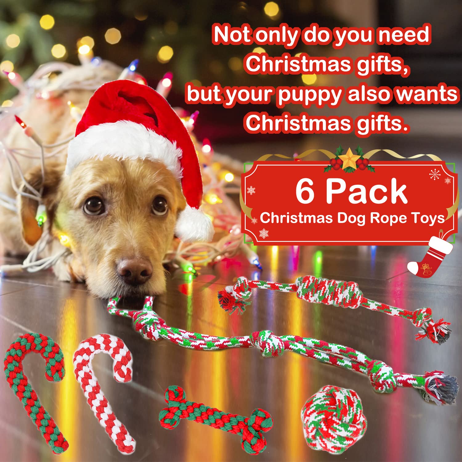Christmas Dog Rope Toys 6 Pack - Durable Chew Toys for Aggressive Chewers, Small Medium Large Breed Dogs, Puppy Training, Interactive Ball Toys for Teeth Cleaning, Indoor Outdoor Play, Perfect for Xmas Party and Daily Use
