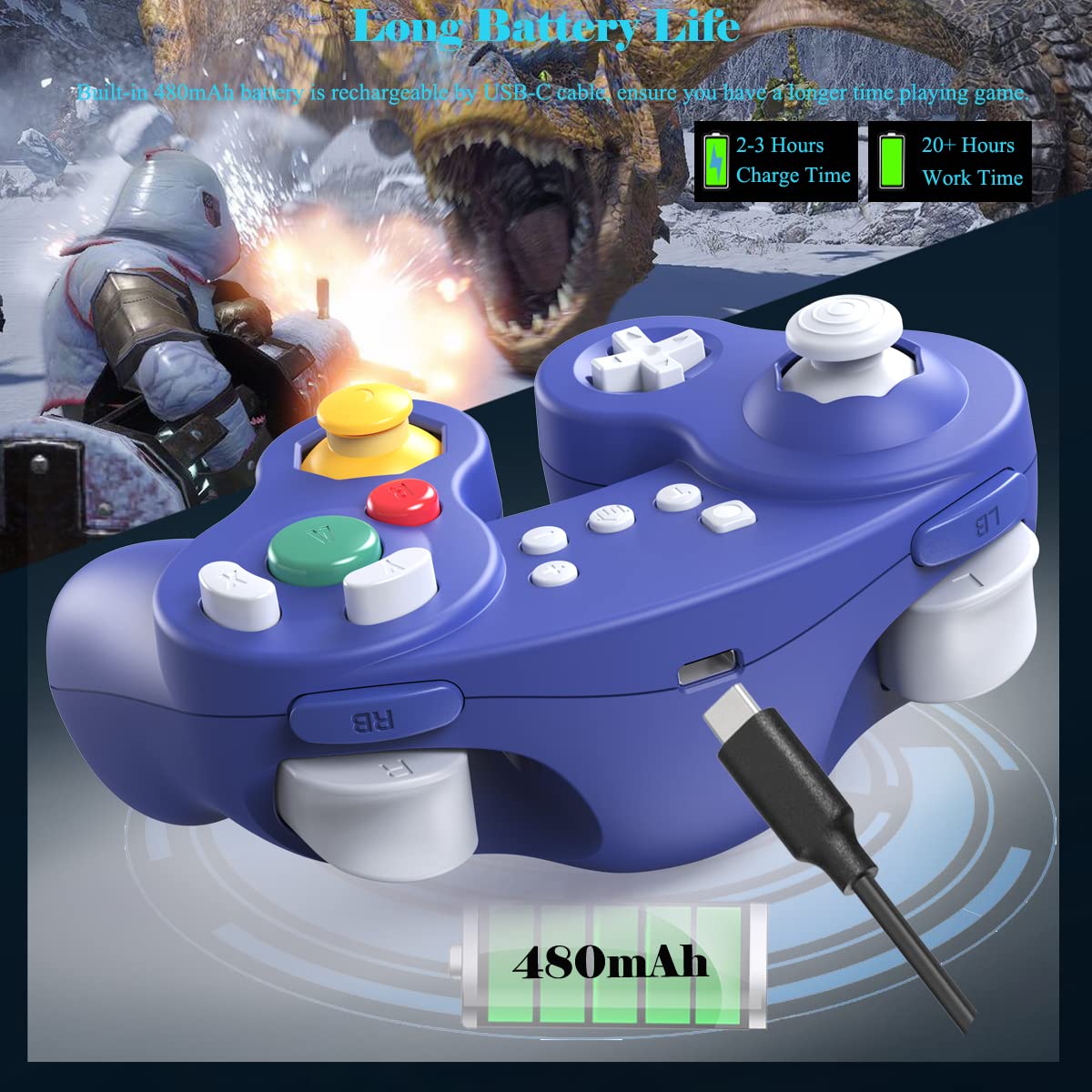 EXLENE Wireless Gamecube Controller for Nintendo Switch/Lite/PC/Android/iOS/Steam - Pro Controller with Wake Up, Motion Control, Adjustable Vibration, Turbo & Auto Turbo (Upgraded Blue) - Perfect for Gaming, Streaming & Multiplayer Sessions