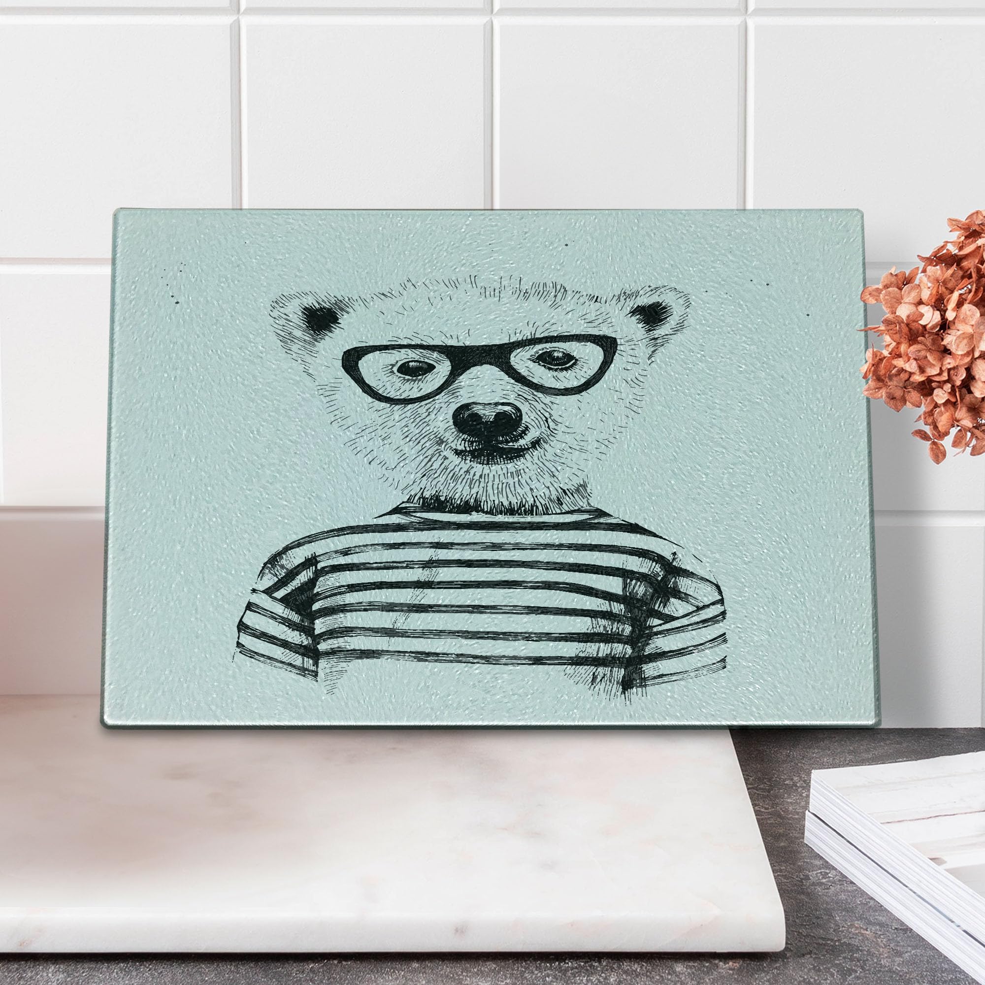 Ambesonne Animal Themed Glass Cutting Board - Hipster Bear in Glasses Art Print - Small Black & White Tempered Glass Serving Board for Kitchen, Charcuterie & Party Platters - Unique Gift for Foodies & Home Chefs