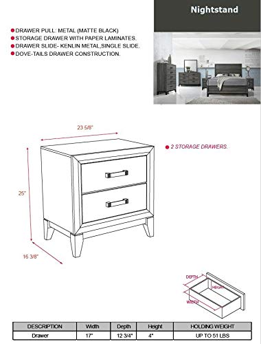 KB Designs 6-Piece Queen Size Bedroom Set in Grey & Black - Modern Bed Frame, Nightstand & Dresser for Cozy Master Bedroom Decor