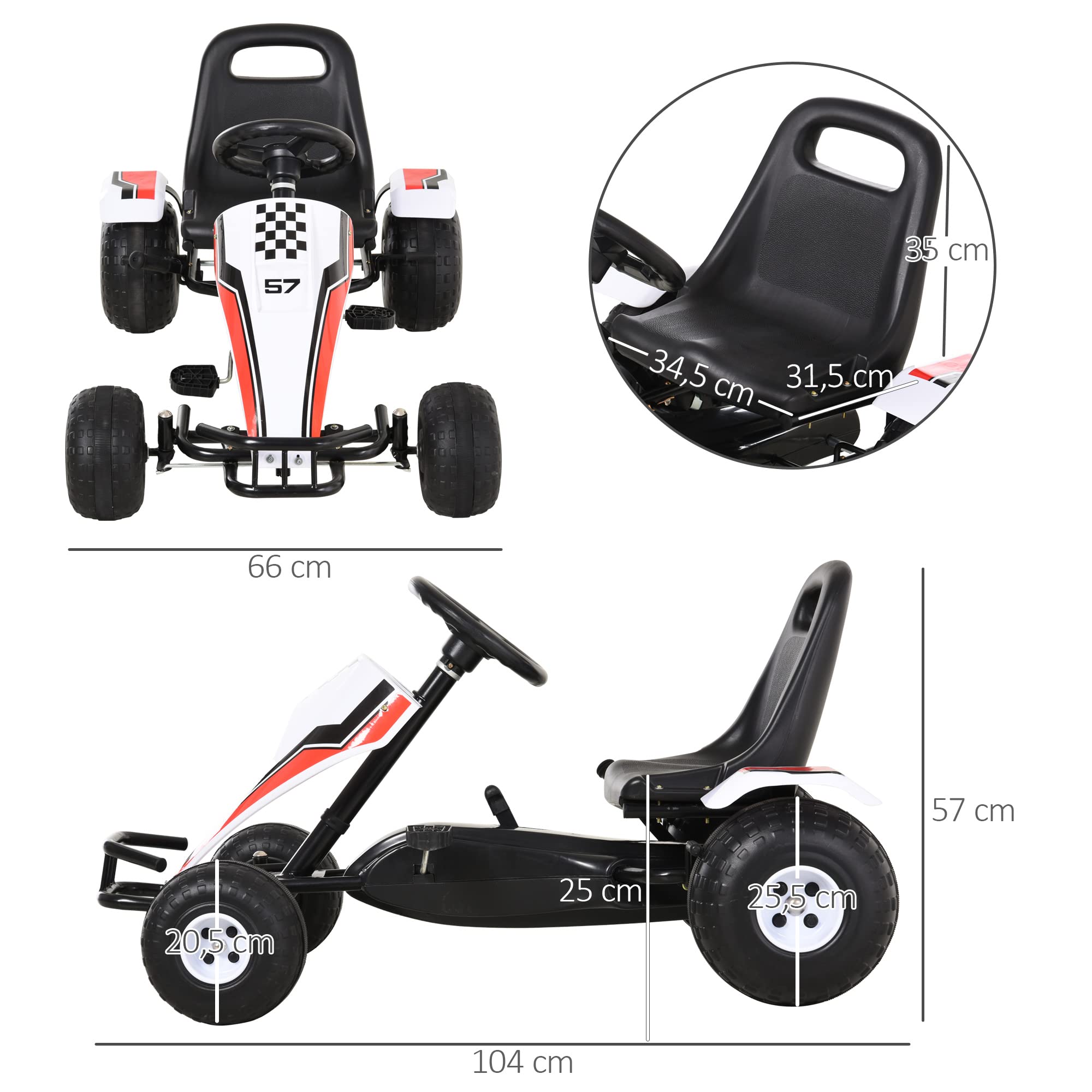 **HOMCOM Kids Pedal Go Kart for Ages 3+ | Adjustable Seat & Hand Brake | 104x66x57cm White & Black | Outdoor Play & Backyard Fun**