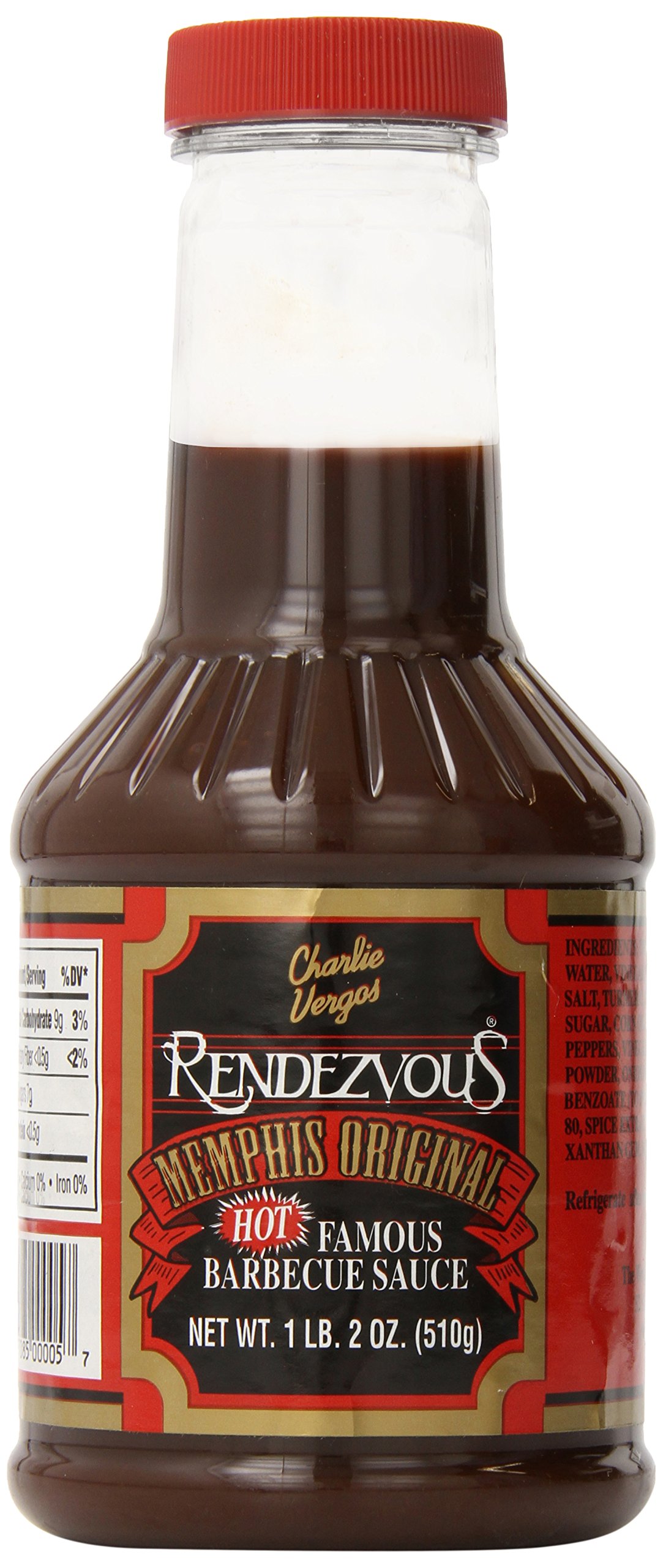 Charlie Vergos Rendezvous Famous Memphis Hot Barbecue Sauce - 18oz Bottle (1lb 2oz) - Spicy BBQ Glaze for Ribs, Wings & Grilling - Authentic Tennessee Flavor