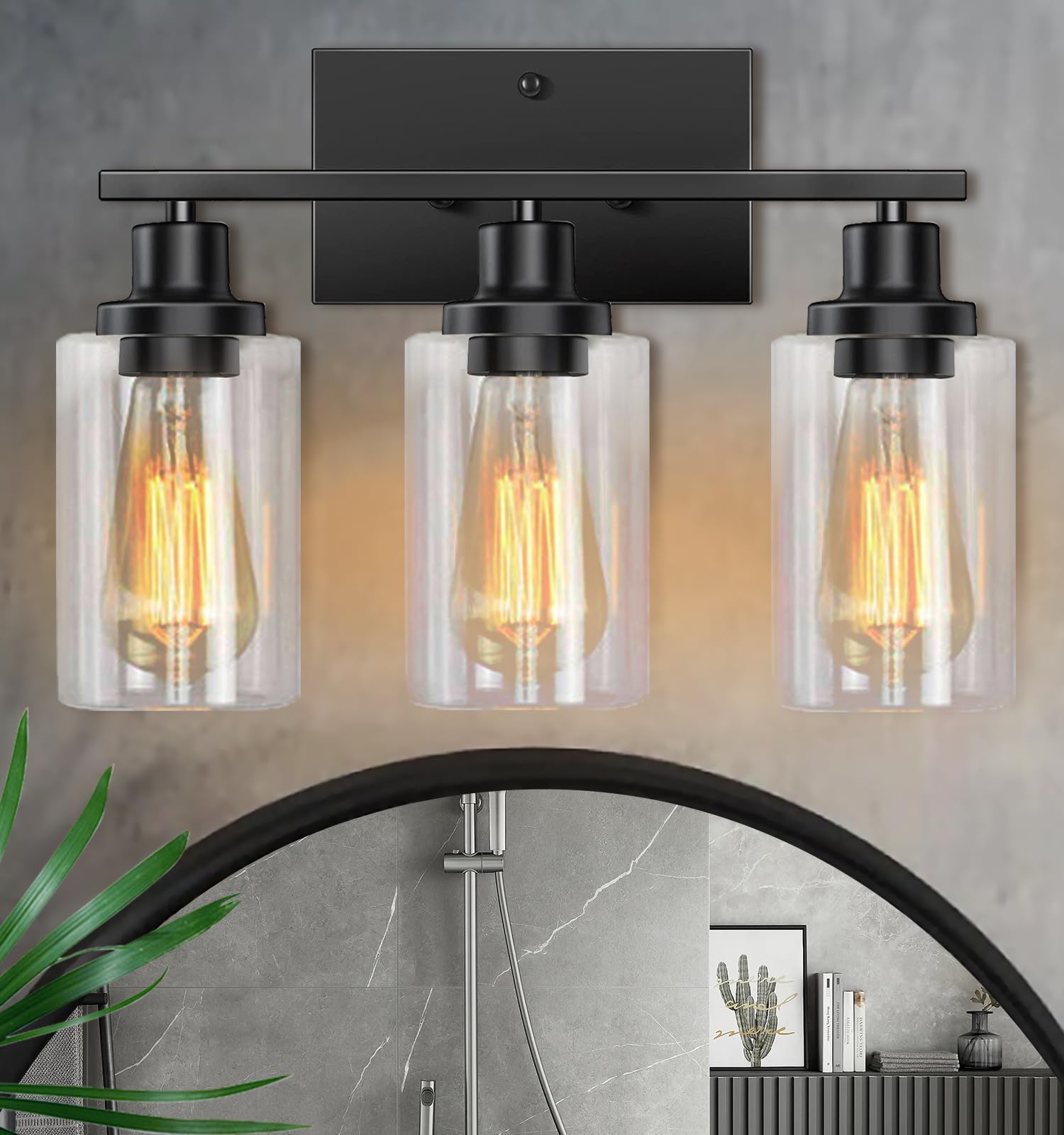 Modern Black 3-Light Bathroom Vanity Light Fixture with Clear Glass Shade - Metal Frame Wall Lamp for Bedroom, Washroom, Living Room & Hallway - E26 Base - Perfect for Bathroom Makeover & Home Decor Lighting