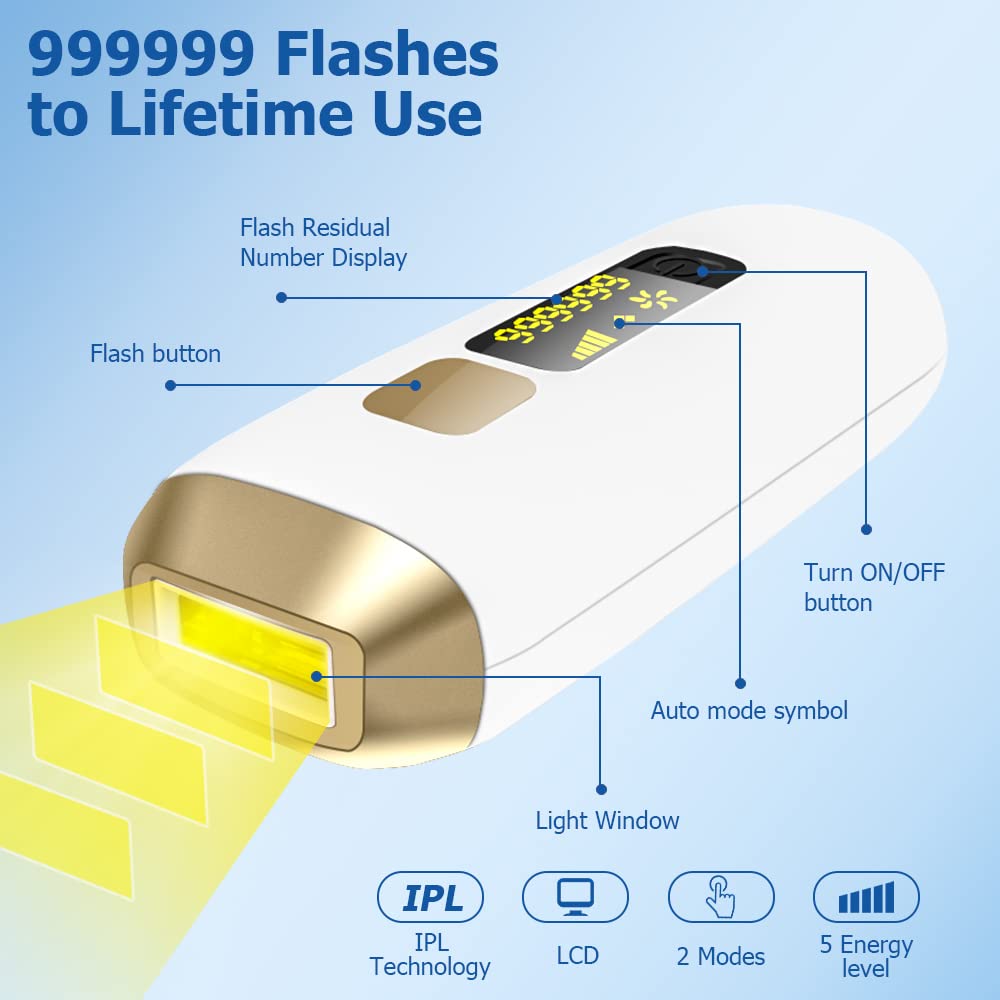 IPL Hair Removal Device for Women & Men - 999,999 Flashes Permanent Hair Removal System for Full Body - At-Home Use for Smooth Skin - Gold (Ideal for Legs, Underarms, Bikini Line & Facial Hair)
