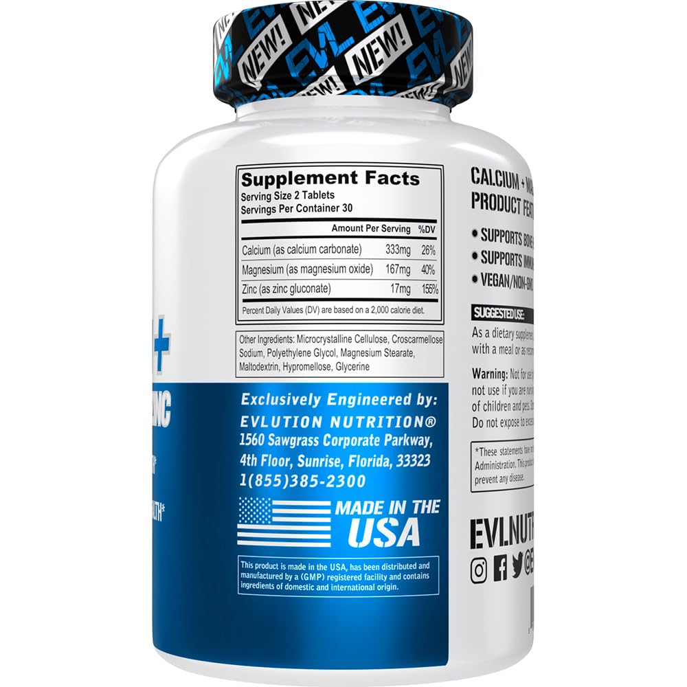 EVLution Nutrition Calcium Magnesium Zinc Supplement - 60 Tablets for Bone Health, Muscle Support & Immune Boost - Ideal for Athletes & Active Lifestyles