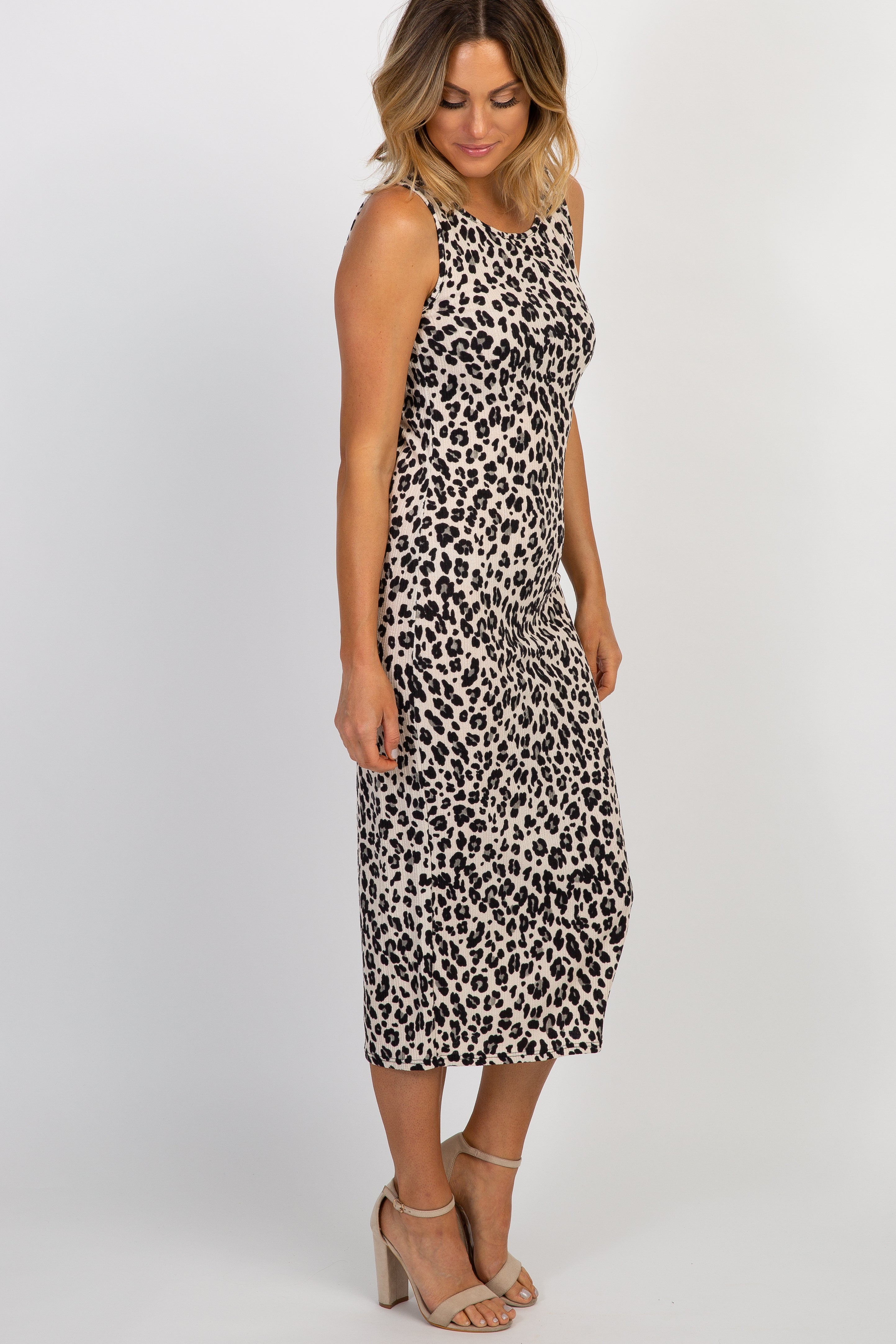 Beige Leopard Print Fitted Midi Dress for Women | Elegant Animal Print Bodycon Dress | Perfect for Date Night, Cocktail Party & Office Wear