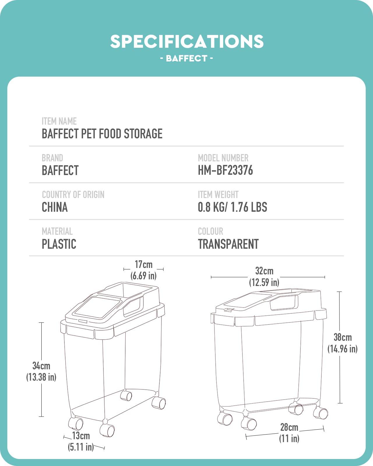 Baffect Airtight Pet Food Storage Container with Measuring Cup & Wheels - Large Dog Cat Bird Food Bin for Freshness - Perfect for Kitchen, Pantry, or Garage Storage