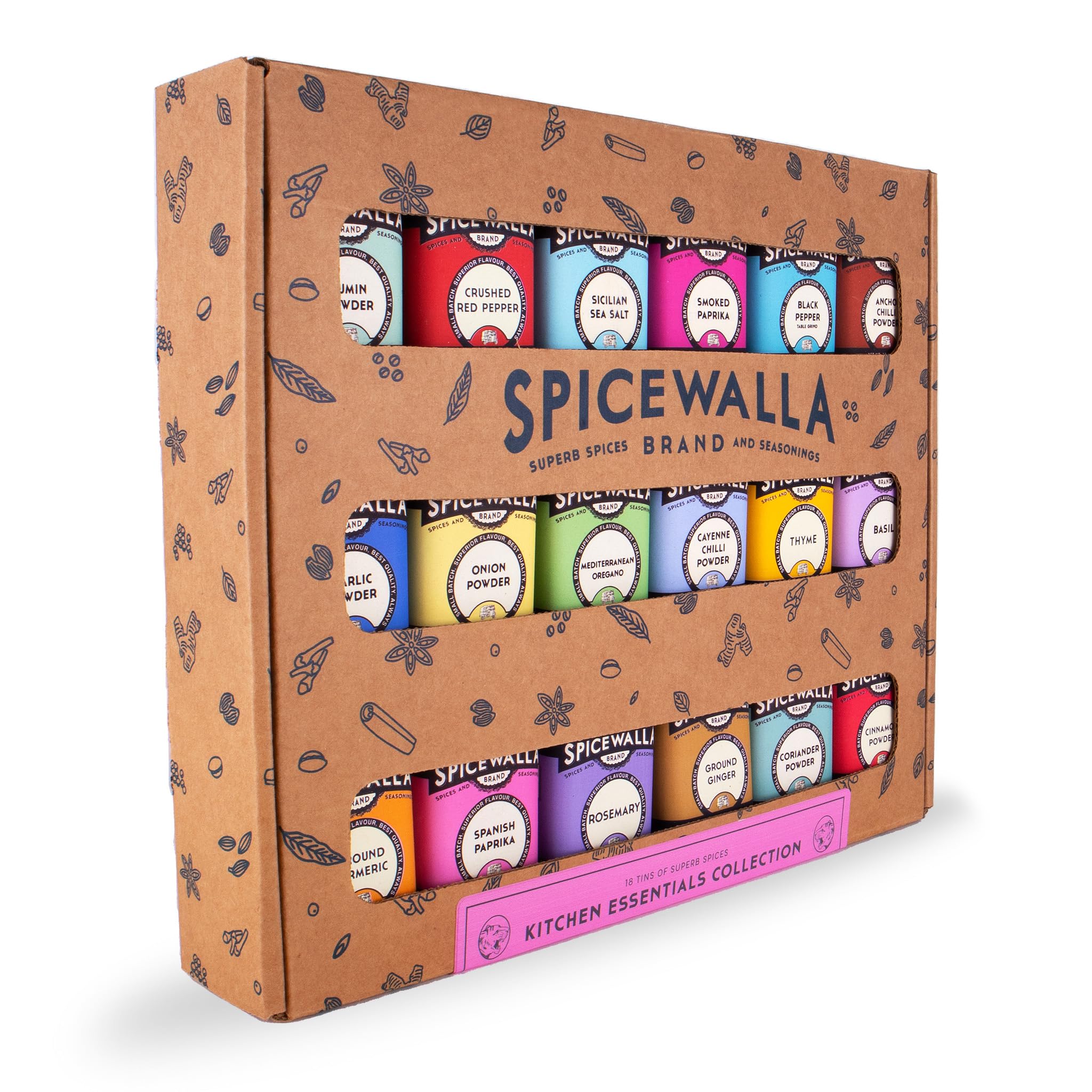 Spicewalla 18-Piece Essential Spices & Seasonings Variety Set | Garlic, Onion, Paprika, Crushed Red Pepper, Oregano & More | Premium Kitchen Cooking Spice Collection | Perfect for Home Chefs, Apartment Cooking & Housewarming Gifts | Ideal for Meal Prep, BBQ, Baking & Everyday Recipes