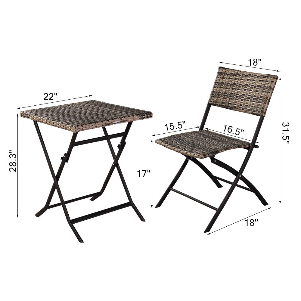 Ochine 3-Piece Rattan Wicker Folding Dining Table Set - Outdoor Patio Furniture for Garden, Backyard, Balcony | Weather-Resistant Bistro Set for Entertaining (Ships from USA)