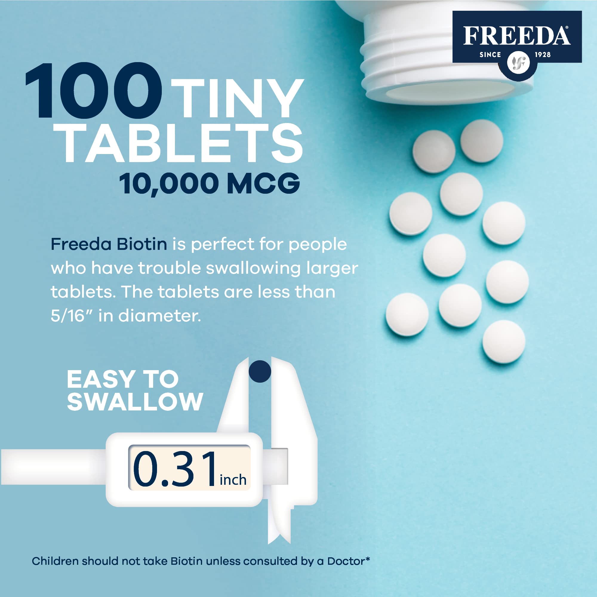 FREEDA Biotin 10,000 mcg - Kosher Certified Hair, Skin & Nails Vitamin Supplement - High Potency B7 for Hair Growth & Strong Nails - Vegan D-Biotin Tablets - 100 Tiny Tablets - Perfect for Daily Beauty & Wellness Routine