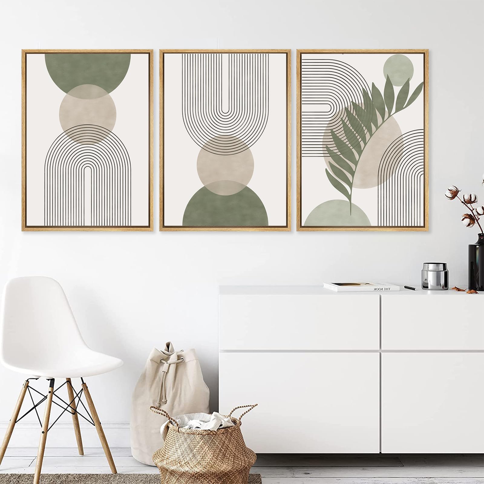 Sage Green Framed Wall Art Set of 3 - Minimalist Boho Decor with Geometric Leaf Sun Moon Design - Abstract Botanical Canvas Prints for Living Room, Bedroom & Office Decor