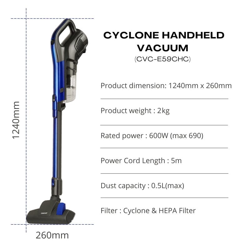 Cornell Cyclone Wired Handheld Vacuum Cleaner - Powerful 1200W Suction, Lightweight & Portable for Home, Car, Pet Hair Cleaning (Model CVCE59CHC) - Perfect for Quick Spills, Upholstery & Tight Spaces