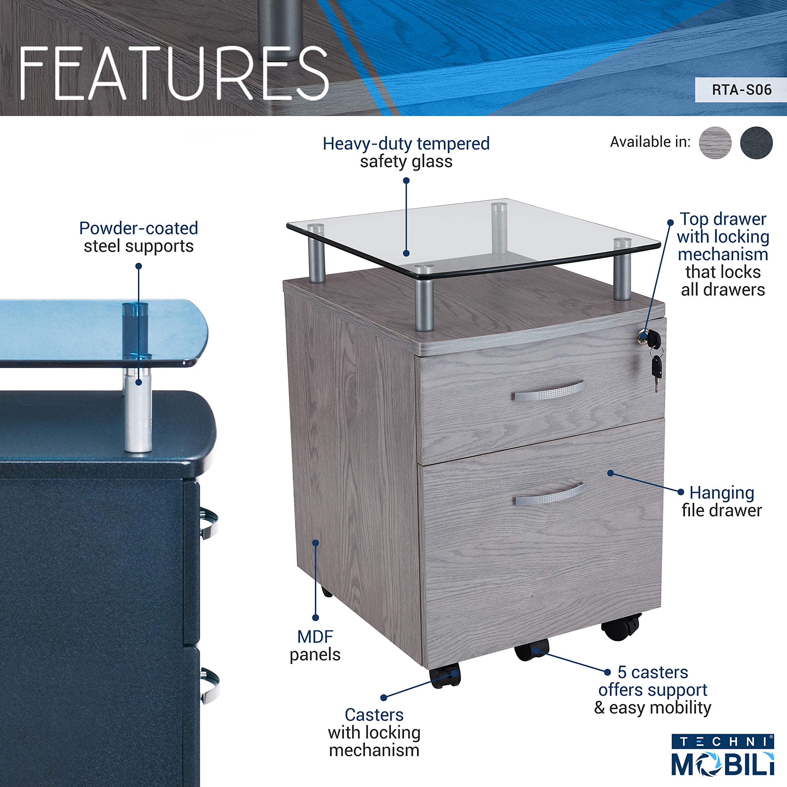 Techni Mobili Rolling File Cabinet with Glass Top - Graphite Office Storage Organizer for Documents, Files & Supplies | Perfect for Home Office, Business & Workspace Organization
