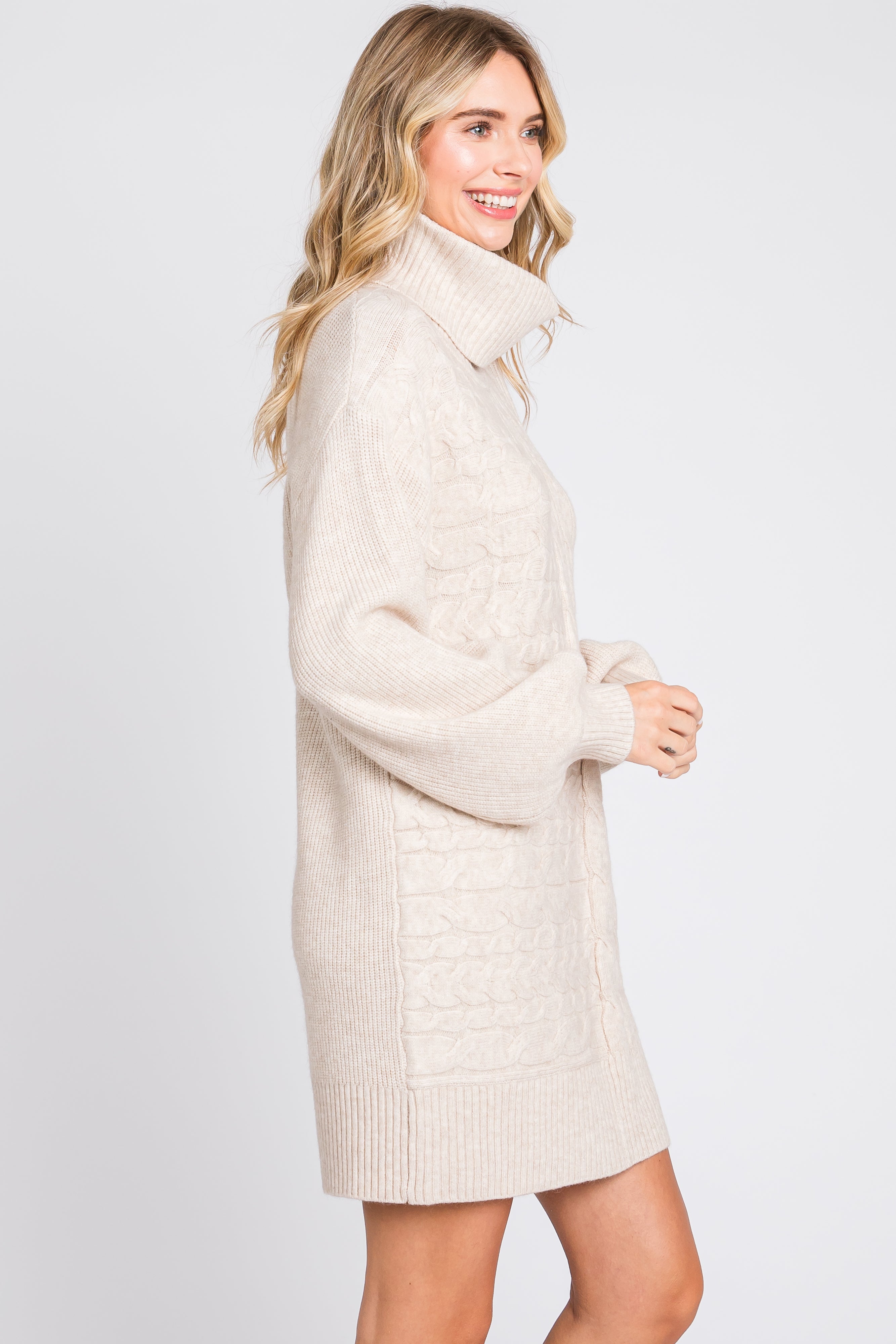 Beige Cable Knit Mini Sweater Dress for Women - Cozy Winter Pullover Turtleneck Dress - Perfect for Christmas Party, Date Night & Holiday Outfits