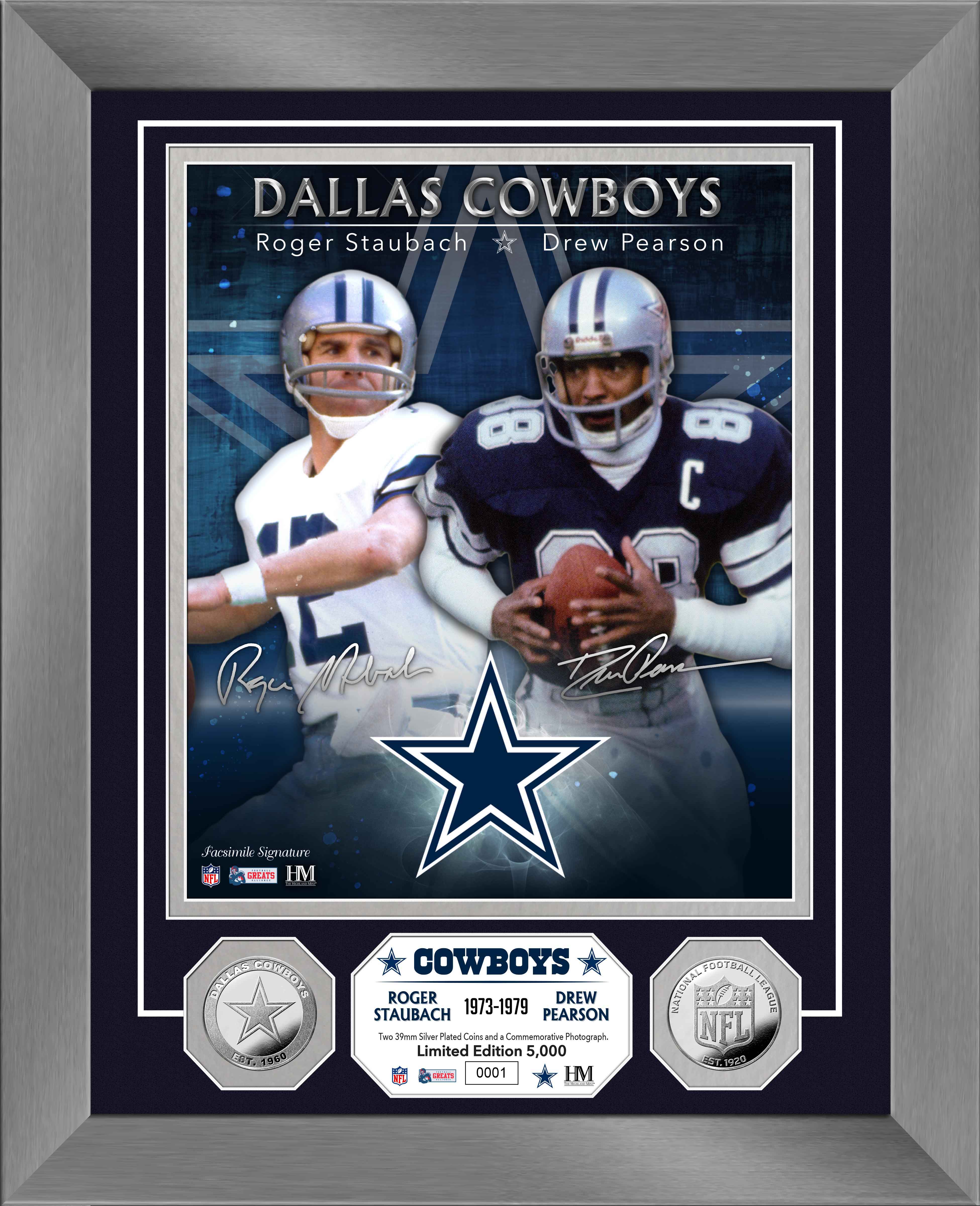 Roger Staubach & Drew Pearson Dynamic Duo Silver Coin Collectible Photo Mint - Limited Edition NFL Memorabilia for Dallas Cowboys Fans, Sports Collectors, and Gift Giving