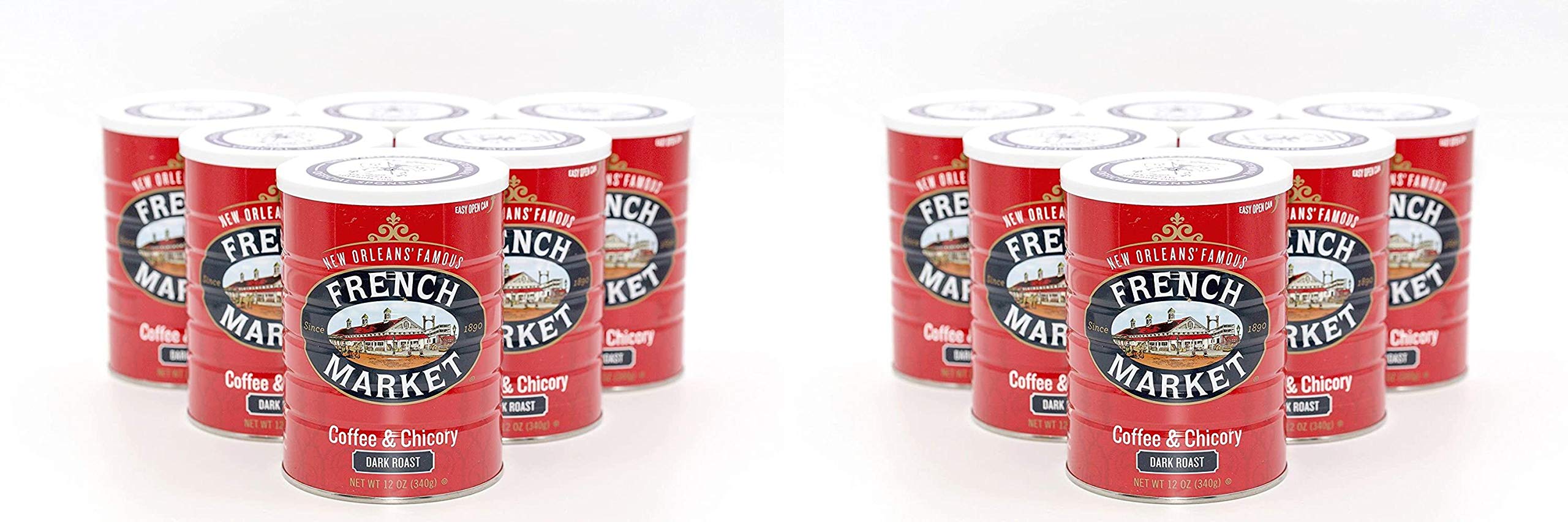 Premium French Market Coffee & Chicory Blend - Dark Roast Ground Coffee, 12oz Metal Can (Pack of 6) - Authentic New Orleans Style - Perfect for Morning Brew, Afternoon Pick-Me-Up & French Press Coffee Making