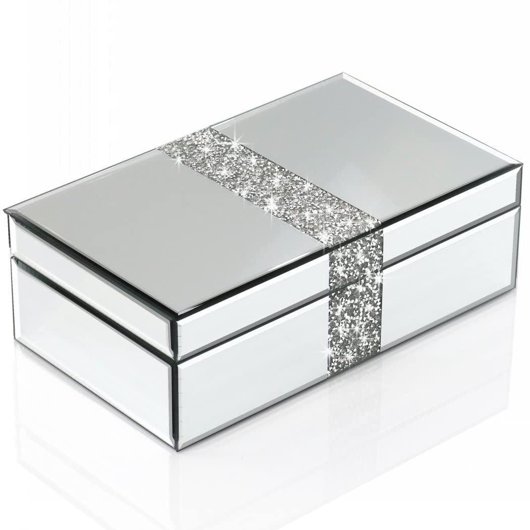 Luxury Silver Crushed Diamond Glass Jewelry Box for Women - Mirror Jewelry Organizer & Storage Box - Perfect Gift for Birthday, Wedding, Anniversary - Ideal for Home, Travel, Vanity Dresser