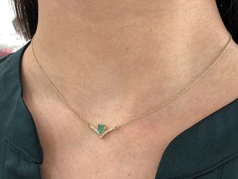 0.45tcw Natural Emerald Pear & Diamond Accent 14K Gold V-Neck Pendant Necklace - Perfect for Weddings, Anniversaries & Special Occasions