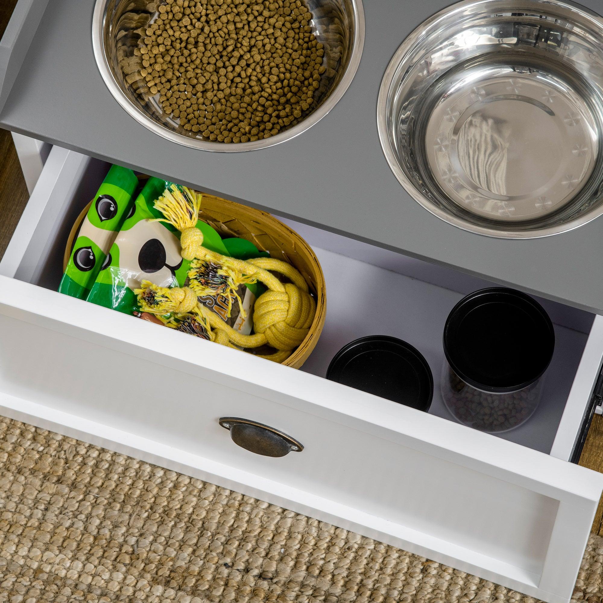 Premium Elevated Dog Feeding Station with Storage Drawer - 2 Removable Stainless Steel Bowls for Large Dogs - White Pet Food Storage Cabinet - Perfect for Kitchen, Laundry Room or Mudroom Organization