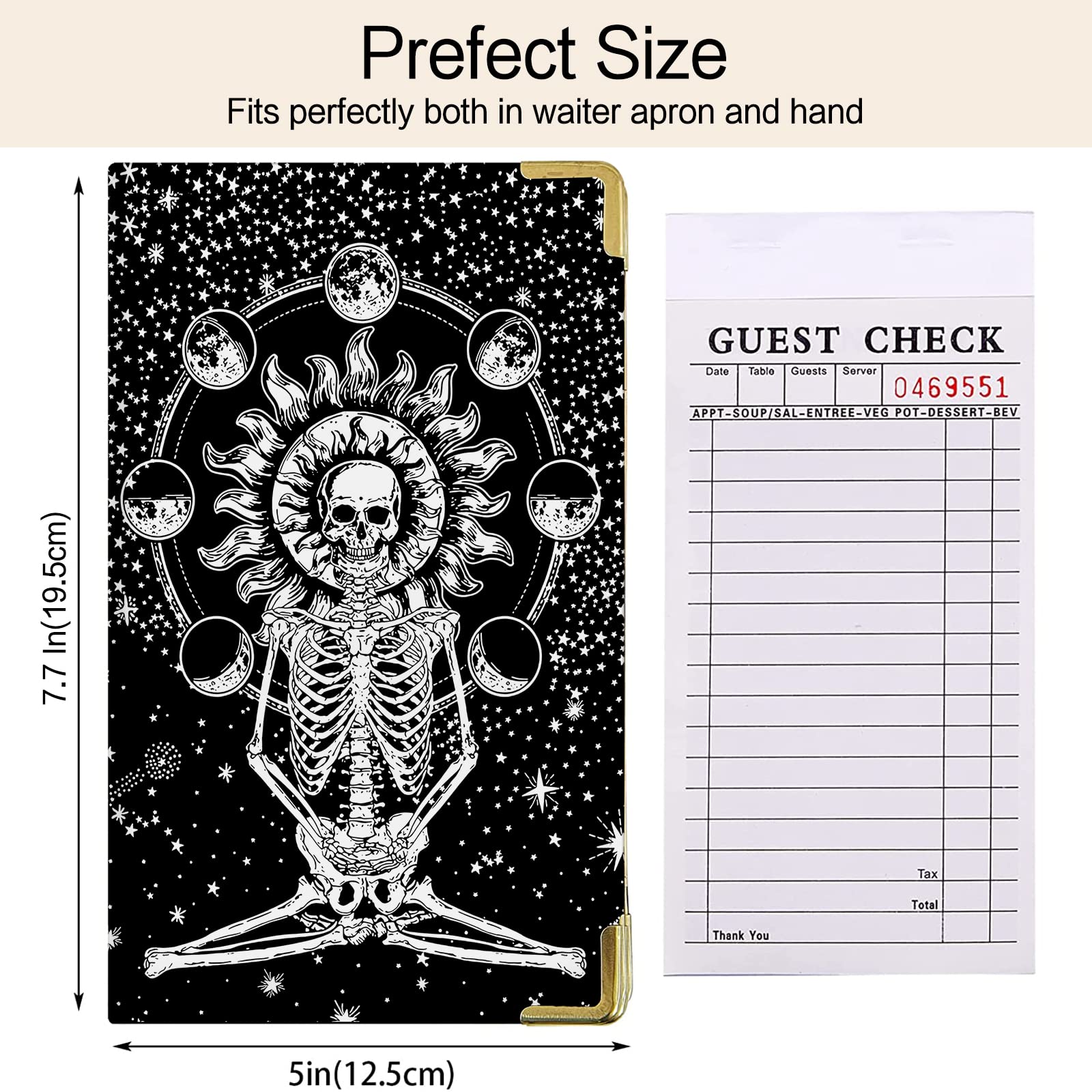 Premium Leather Server Book for Waitresses & Waiters - Cute Meditation Skeleton Design with Money Zipper Pocket - Durable Serving Notepad & Waiter Accessory - Perfect for Restaurant, Cafe & Bar Service (Fits Server Aprons)