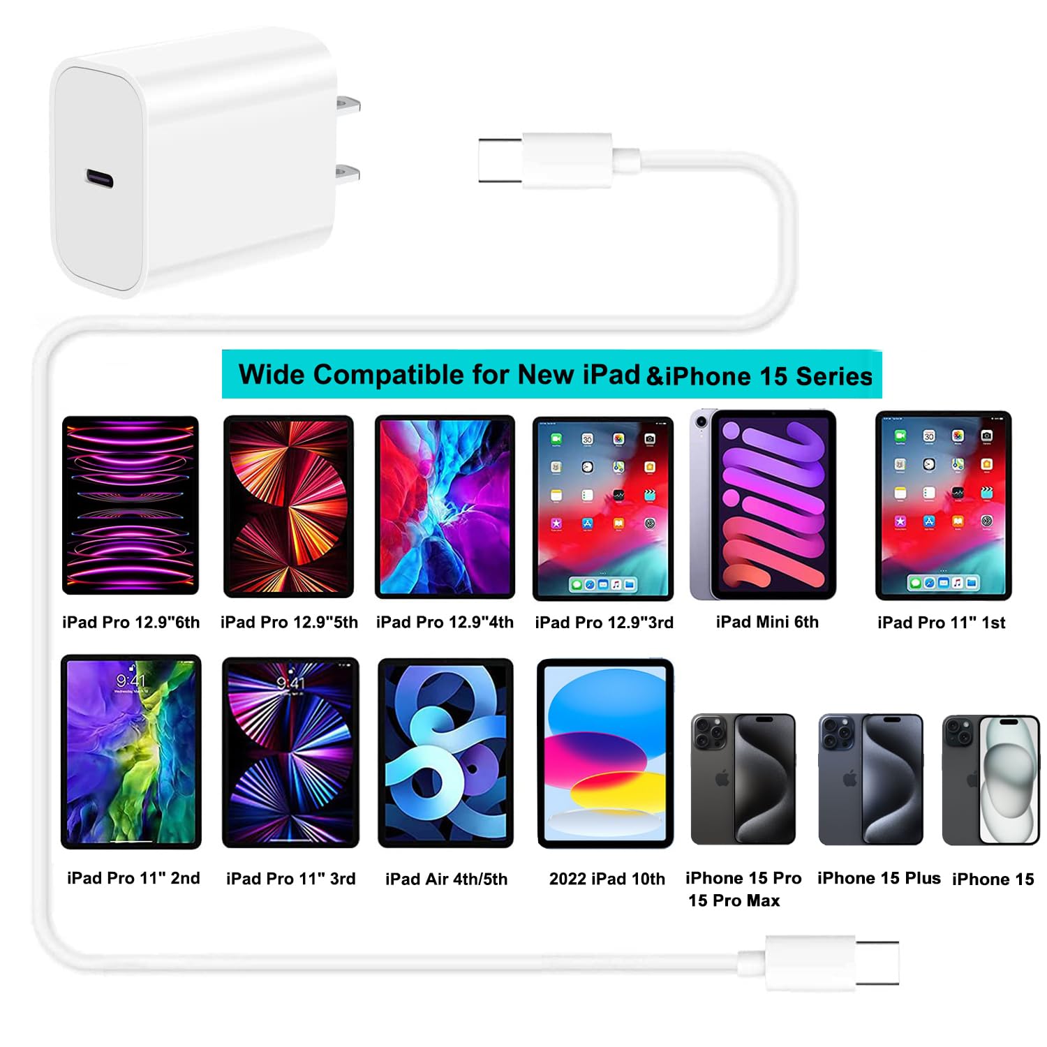 20W USB C Fast Charger for iPad Pro 12.9/11 inch, iPad Air, iPad Mini & iPhone 15 | 10FT Long Fast Charging Cable | Perfect for Home, Office & Travel Charging
