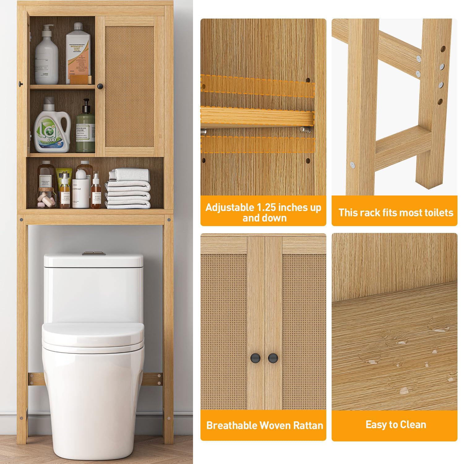 Rattan Over The Toilet Storage Cabinet - Adjustable Shelf Bathroom Organizer | Space Saving Behind Toilet Cabinet for Bathroom, Laundry & Restroom | Natural Wood Rack for Toilet Paper, Towels & Bath Essentials