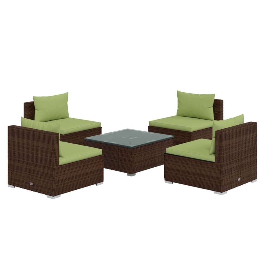 5-Piece Brown/Green Poly Rattan Patio Lounge Set with Cushions - Outdoor Sectional Sofa for Garden, Deck & Backyard Relaxation
