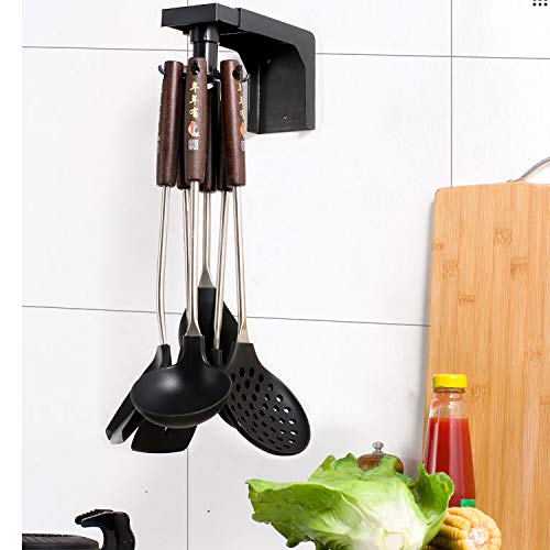 2-Pack Adjustable Rotating Wall Hooks - Heavy Duty Under Shelf Kitchen Organizer for Utensils, Spoons & Cookware - Space Saving Cabinet Storage Rack (Black) - Perfect for Small Kitchens, Pantries & Bathroom Organization