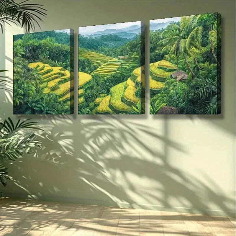 3-Piece Rice Terraces Art Painting Set - Framed Canvas Wall Art 50x70cm - High Quality Print | 100% Australian Made | Ready to Hang | Perfect for Living Room, Bedroom & Office Decor