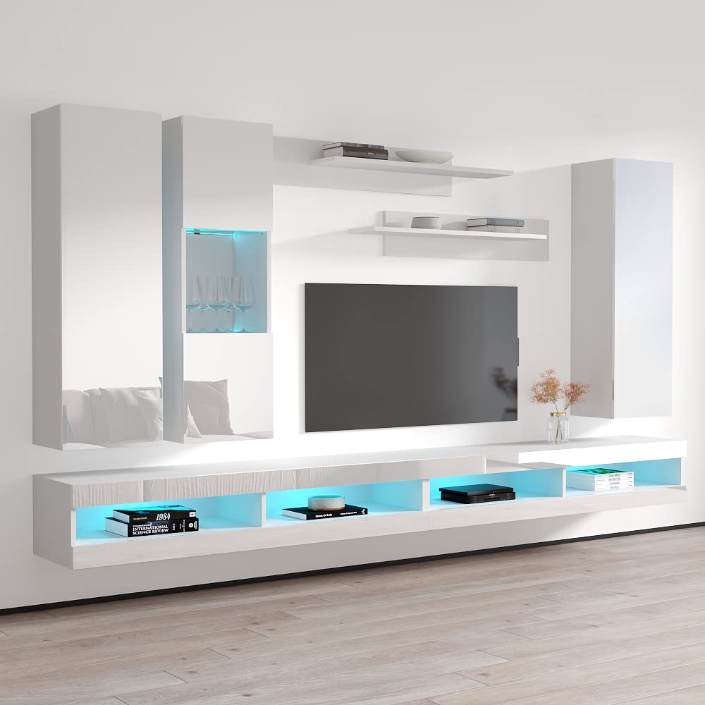 Modern White Wall-Mounted TV Stand with Storage Shelves & LED Lights - Floating Entertainment Center Console for Living Room & Bedroom - Perfect for Small Spaces & Home Theater Setup - Meble Furniture Fly EF5 34TV Stand
