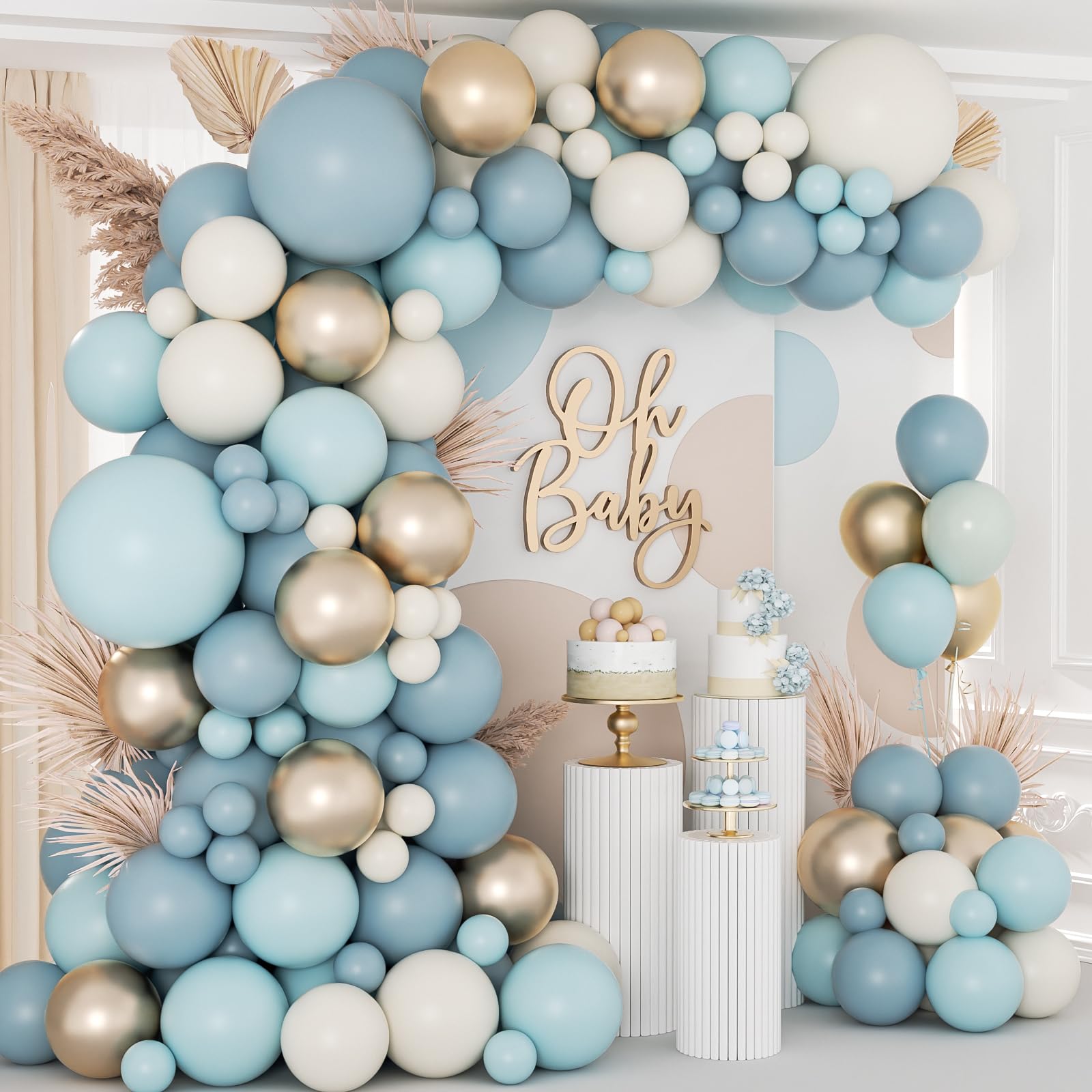 138Pcs Dusty Blue Balloons Arch Garland Kit - Baby Blue, Sand White & Metallic Gold Balloons for Bridal Shower, Gender Reveal, Birthday & Baby Shower Decorations - Perfect for Party Backdrops, Photo Booths & Wedding Centerpieces