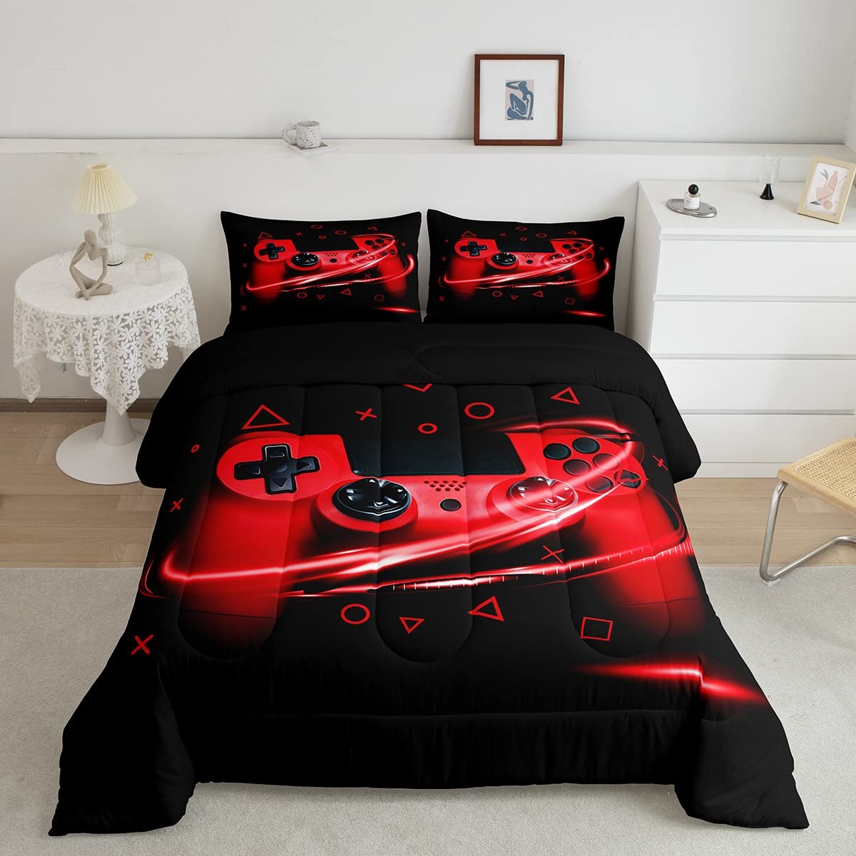 Feelyou Gaming Bedding Set for Kids & Teens - Video Game Controller Duvet Cover with Geometric Grid Triangle Circle Design - 2PC Twin Size Comforter Set (Black/Red) - Perfect for Gamer Bedrooms, Sleepovers & Gaming Themed Rooms