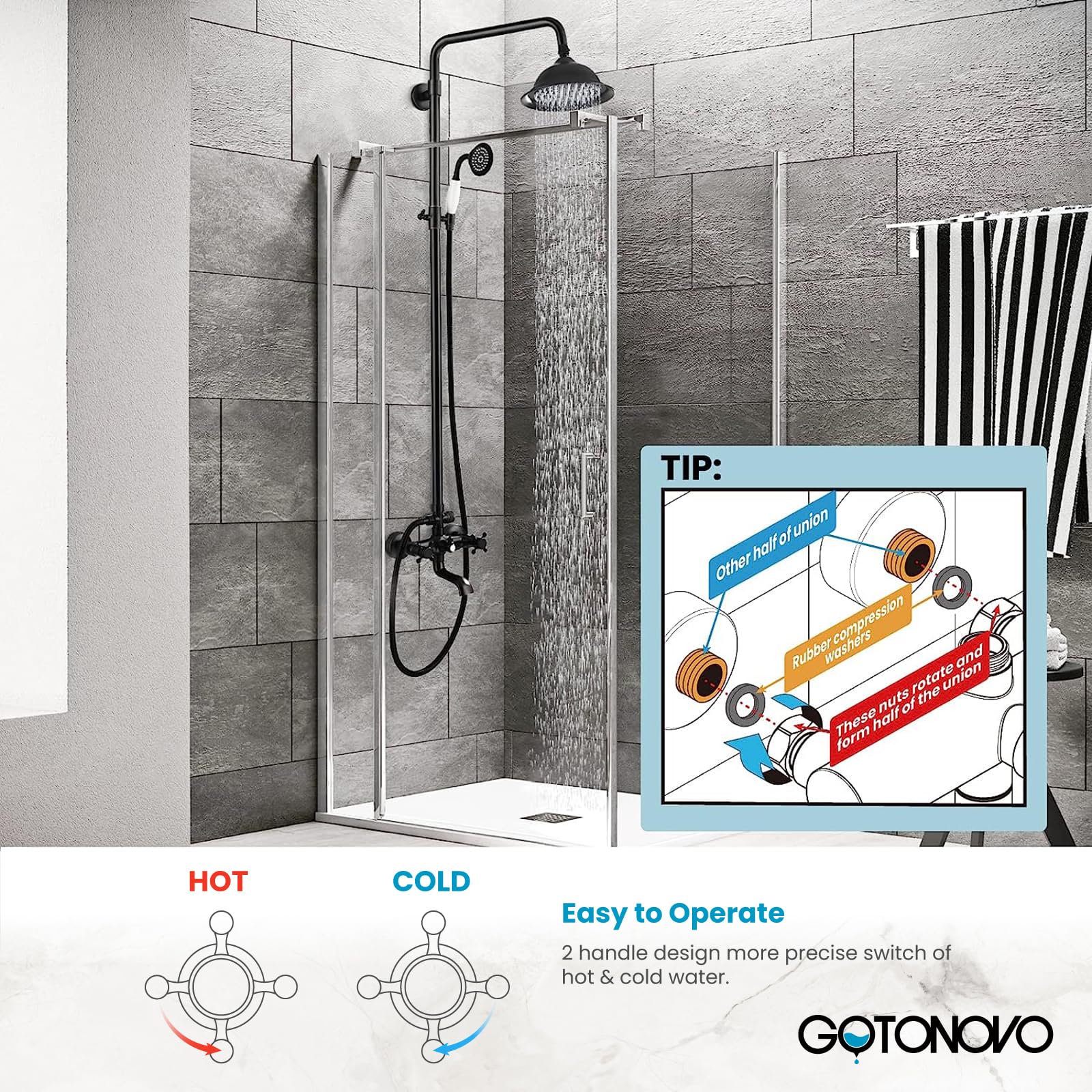 Gotonovo 8 Inch Rainfall Shower System - Oil Rubbed Bronze Exposed Bathroom Faucet with Tub Spout, Handheld Spray & Double Cross Handles - Perfect for Outdoor Showers, Modern Bathrooms & Spa-Like Experiences