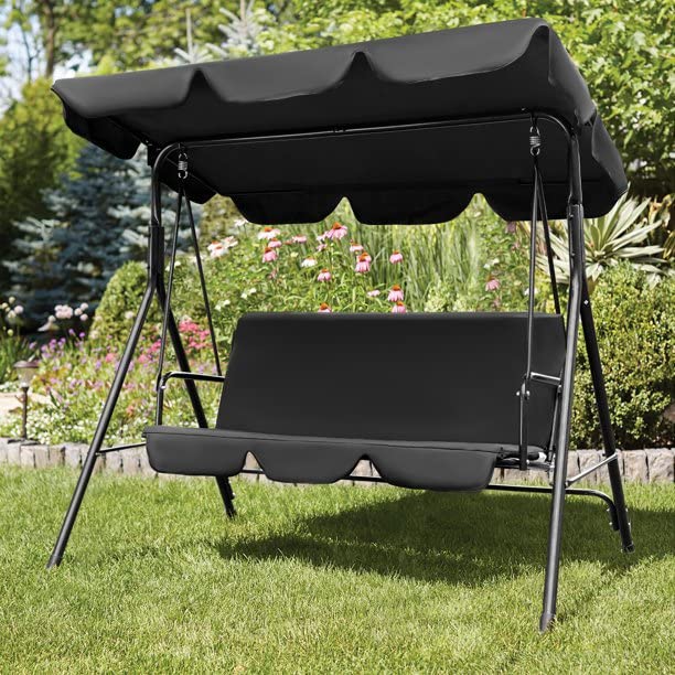 2-Person Outdoor Porch Swing Chair with Canopy - 3-Seat Patio Hanging Glider, Weather-Resistant Powder-Coated Steel Frame & Removable Cushions for Garden, Backyard, Deck - Perfect for Relaxing, Lounging & Enjoying Nature