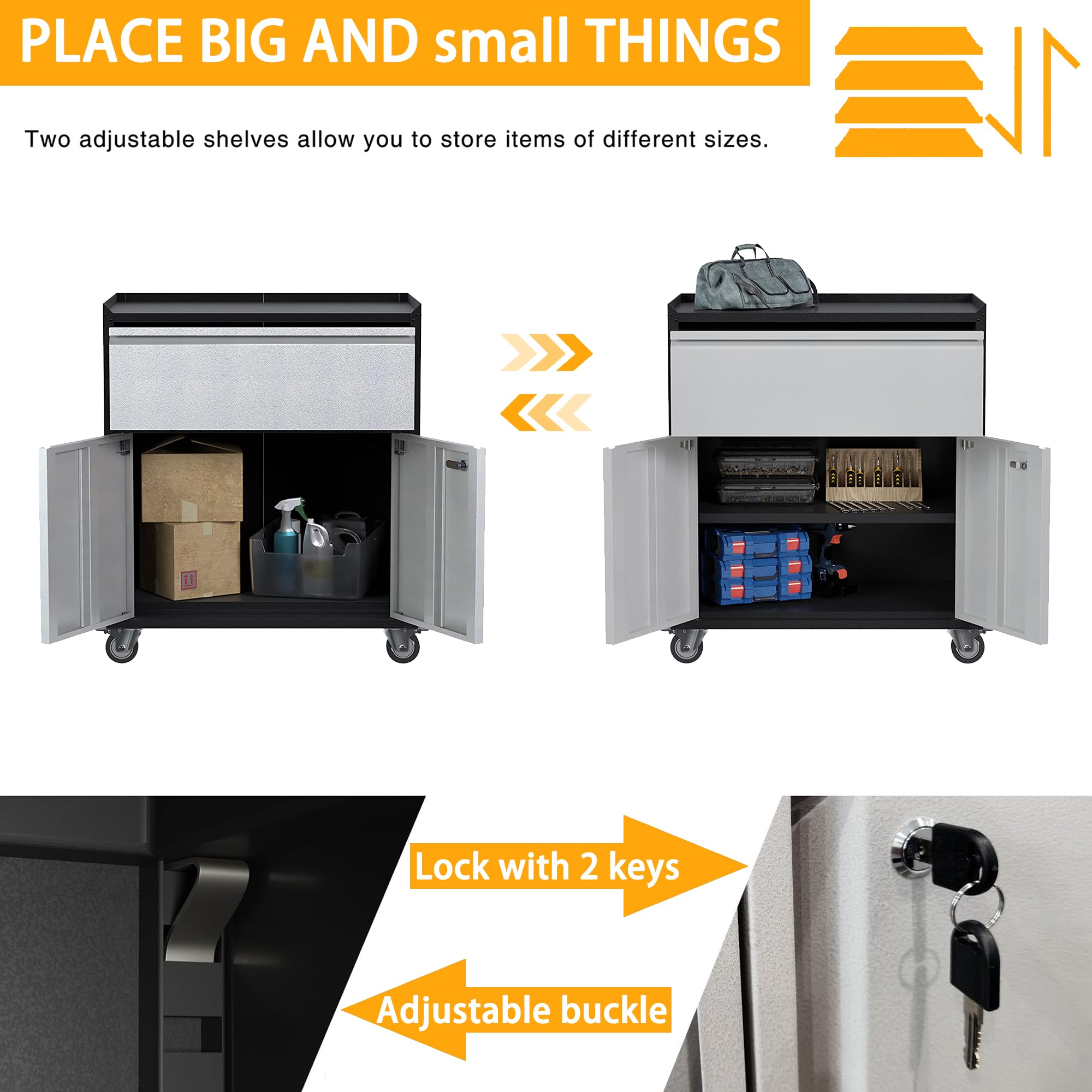 Heavy-Duty Metal Storage Cabinet with Wheels - Steel Rolling Tool Cabinet with 1 Drawer & 2 Doors - Garage, Home Office, Workshop & Garden Utility Organizer (Black/Gray) - Perfect for Tools, Equipment & Supplies Storage