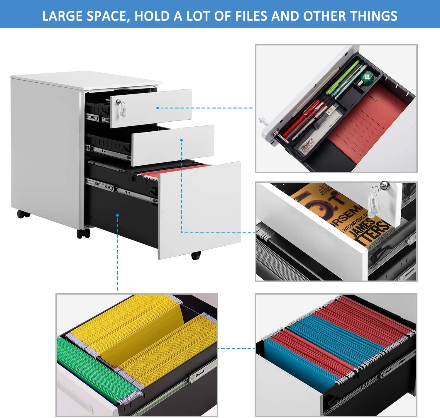 3-Drawer Metal File Cabinet with Lock & Wheels - Large Under Desk Storage for Office & Home - Fully Assembled White Filing Cabinet - Perfect for Organizing Documents, Files & Office Supplies
