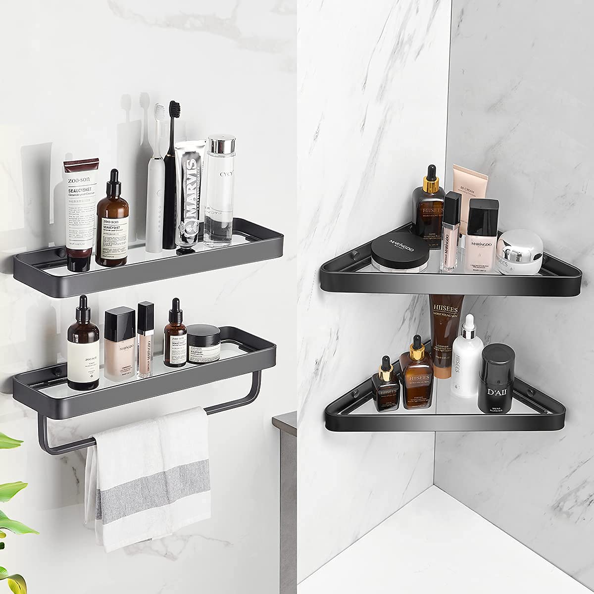VOLPONE 2-Tier Wall Mounted Bathroom Shelves - Floating Tempered Glass Shelf for Bathroom Storage & Organization (Black) | Perfect for Shower, Toiletries & Bath Accessories