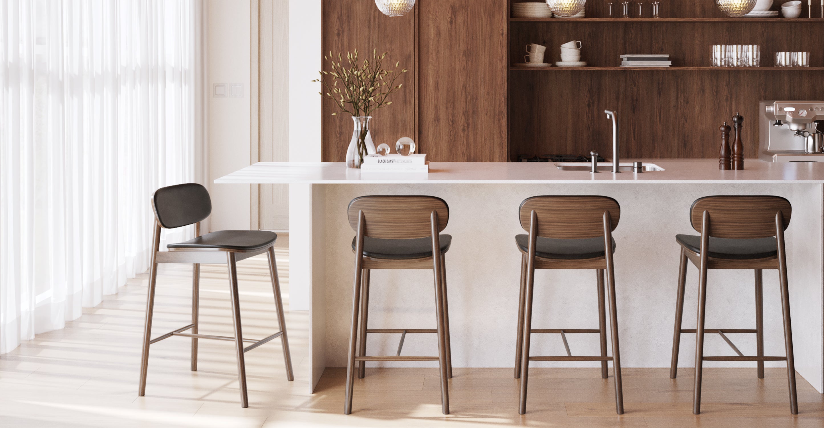Bonato Leather Counter Stool - Modern Bar Stool with Cushioned Seat, Adjustable Height for Kitchen Island, Breakfast Bar & Home Decor