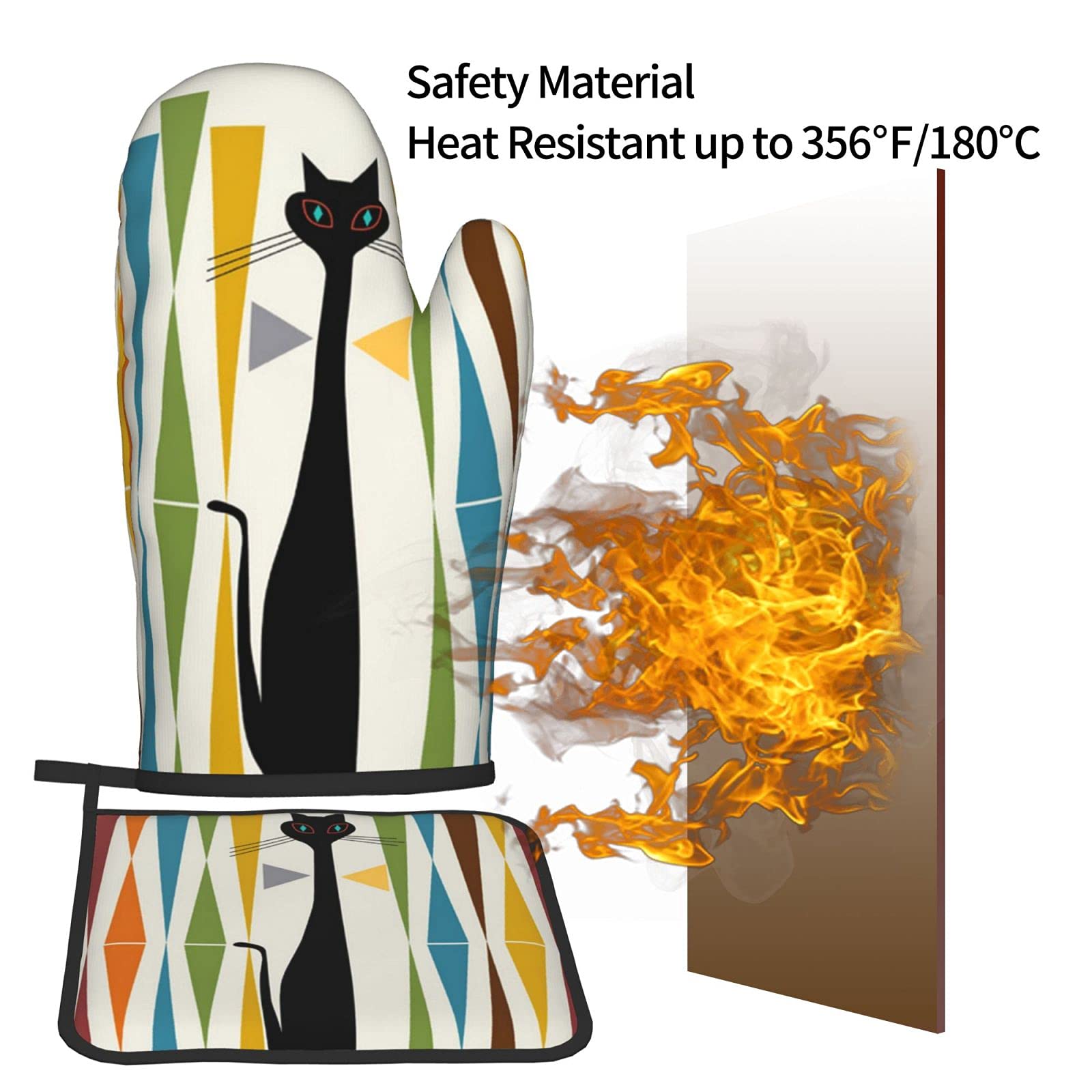 Vintage Mid-Century Modern Cat Art Oven Mitts & Pot Holders Set - Heat Resistant Kitchen Gloves for Cooking, Baking, Grilling - Non-Slip Polyester Hot Pads for Home Chefs & Cat Lovers